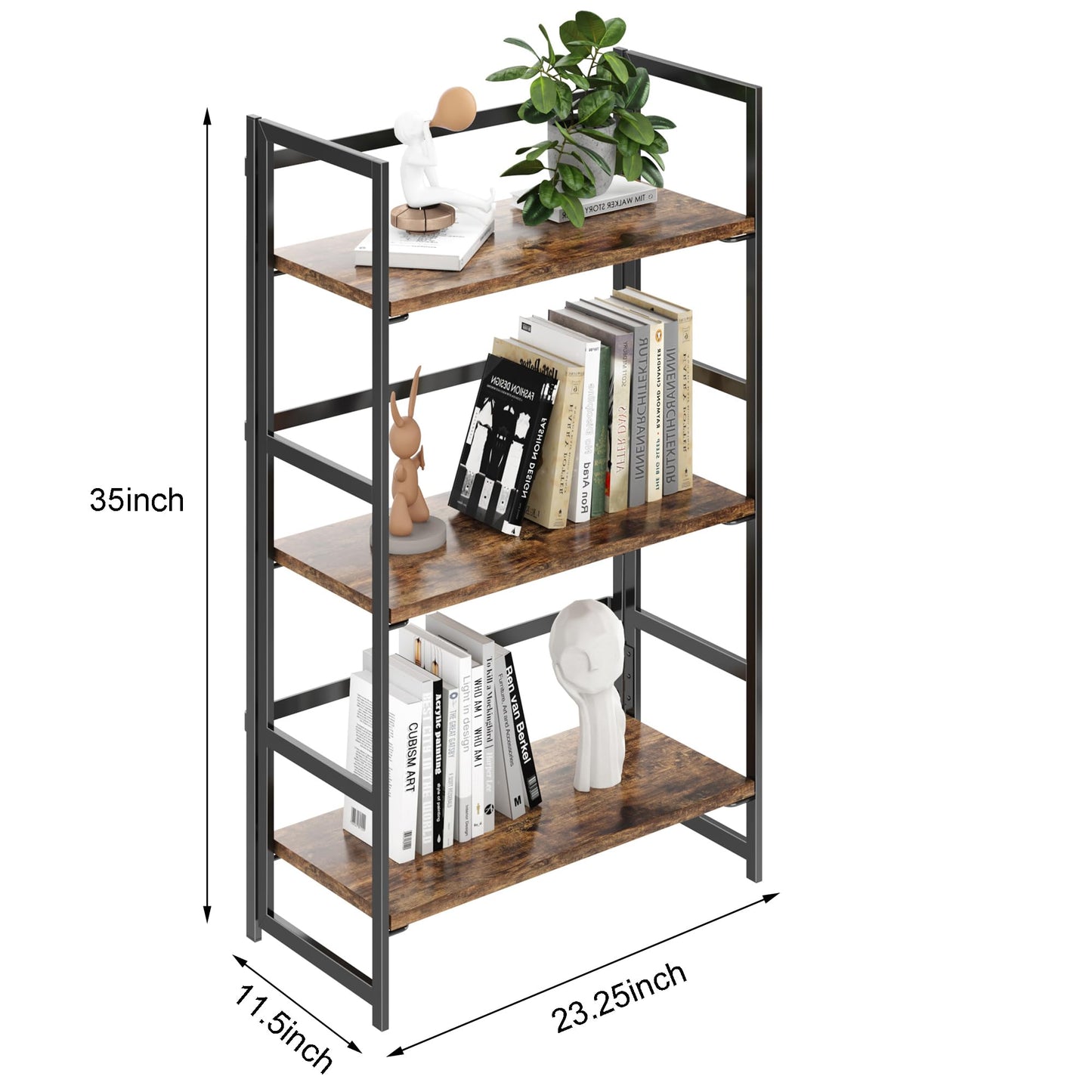 BHG Vintage Multifunctional Folding Bookshelf, No-Assembly Plant Stand Storage Rack Shelves for Home Office (Fire, 3-Tier)