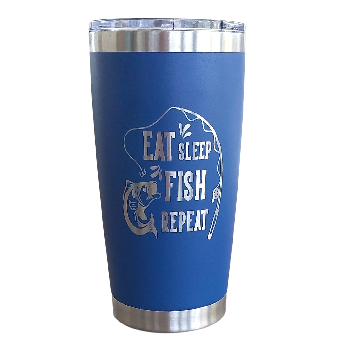 Eat Sleep Fish 20oz Stainless Steel Tumbler with Lid (Royal Blue), Fishing Travel Mugs for Men, for Him,