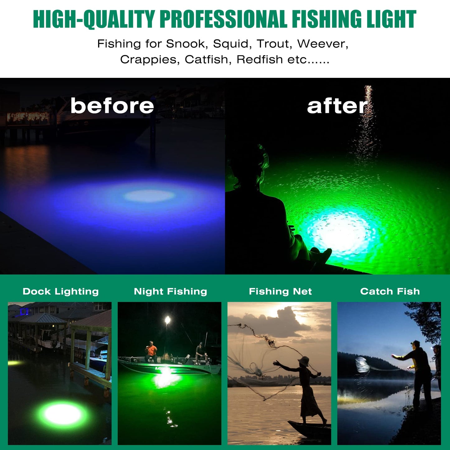 HUSUKU FS0-2 LED Underwater Fishing Light, 12V & 110V, 200W 20,000LM Super Bright, 16inch 16.4ft Cable, IP68 Submersible, Green Fish Attractor Lamp for Snook Crappie Squid Shrimp Night Fishing