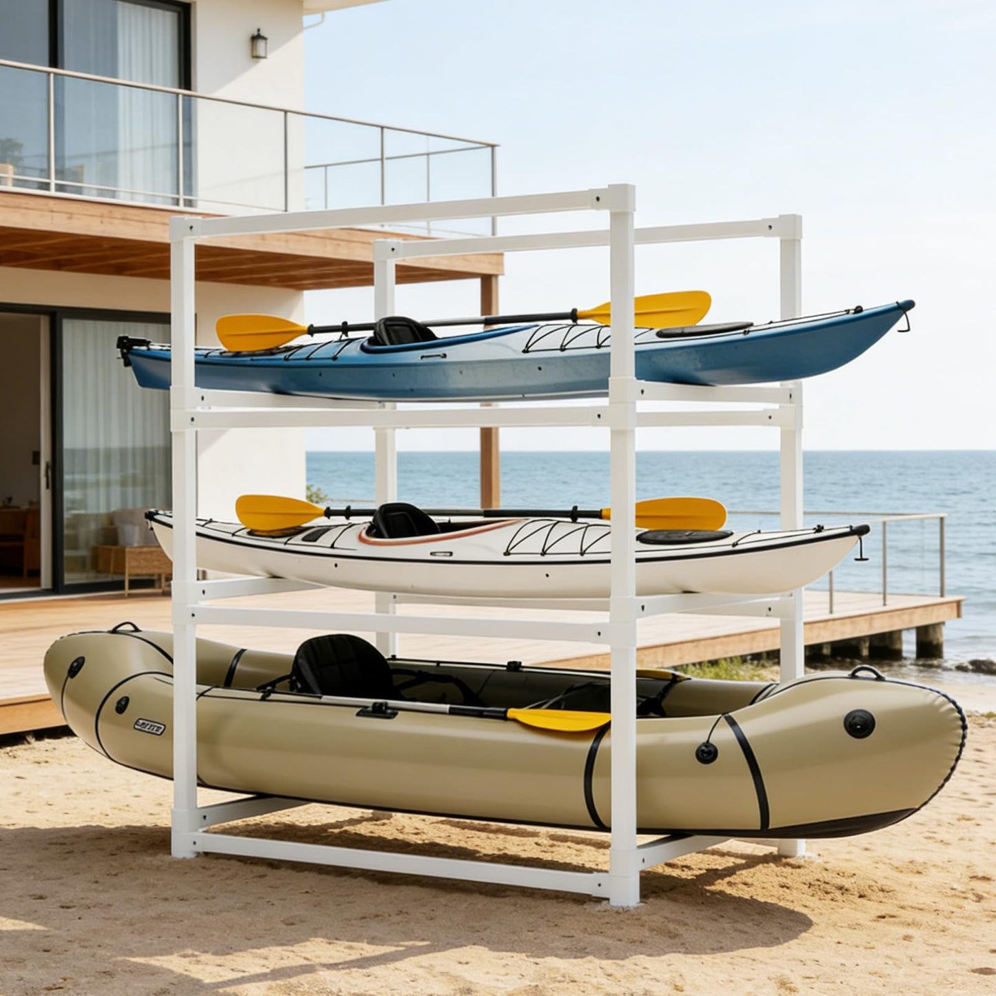 NULTRUMA Kayak Storage Rack, Heavy Duty Adjustable Weatherproof PVC Stand, Suitable for Indoor, Outdoor, and Dock, Capable of Supporting Kayaks, Paddleboards, Surfboards, and Canoes