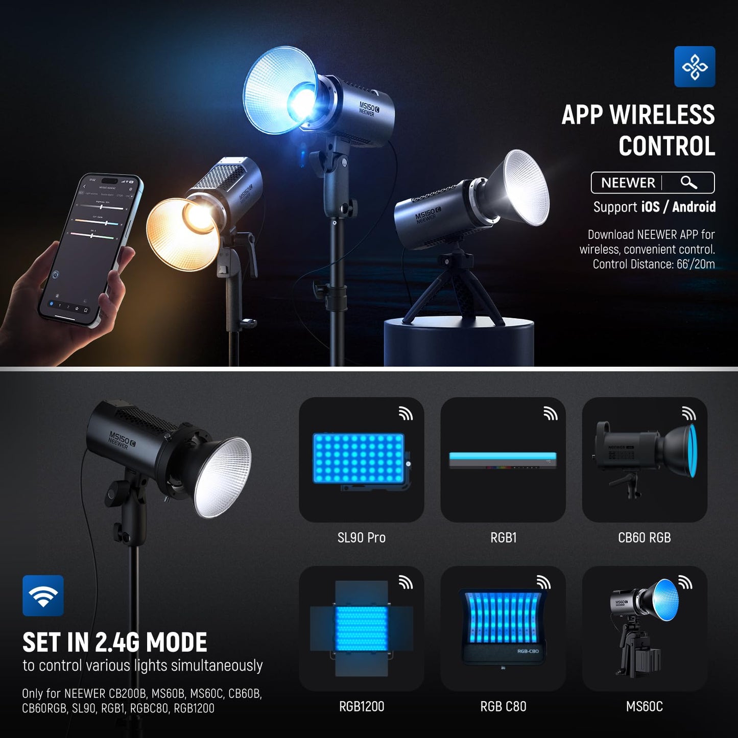 NEEWER MS150C RGBWW LED Video Light with 2.4G/APP Control, 150W Metal Mini RGB COB Continuous Output Lighting Bowens Mount Handheld Spotlight 2700K-6500K, 18000lux/1m, CRI97+/TLCI98+,17 Effects, RGBCW