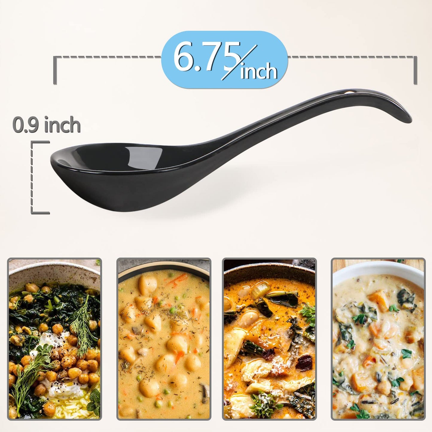 Wareland Black Ceramic Soup Spoons Set, 6.75 inch Deep Oval Hook Design, Dishwasher Safe - Perfect for Ramen, Pho, Noodles, Stews, Wonton, Dumpling, Miso