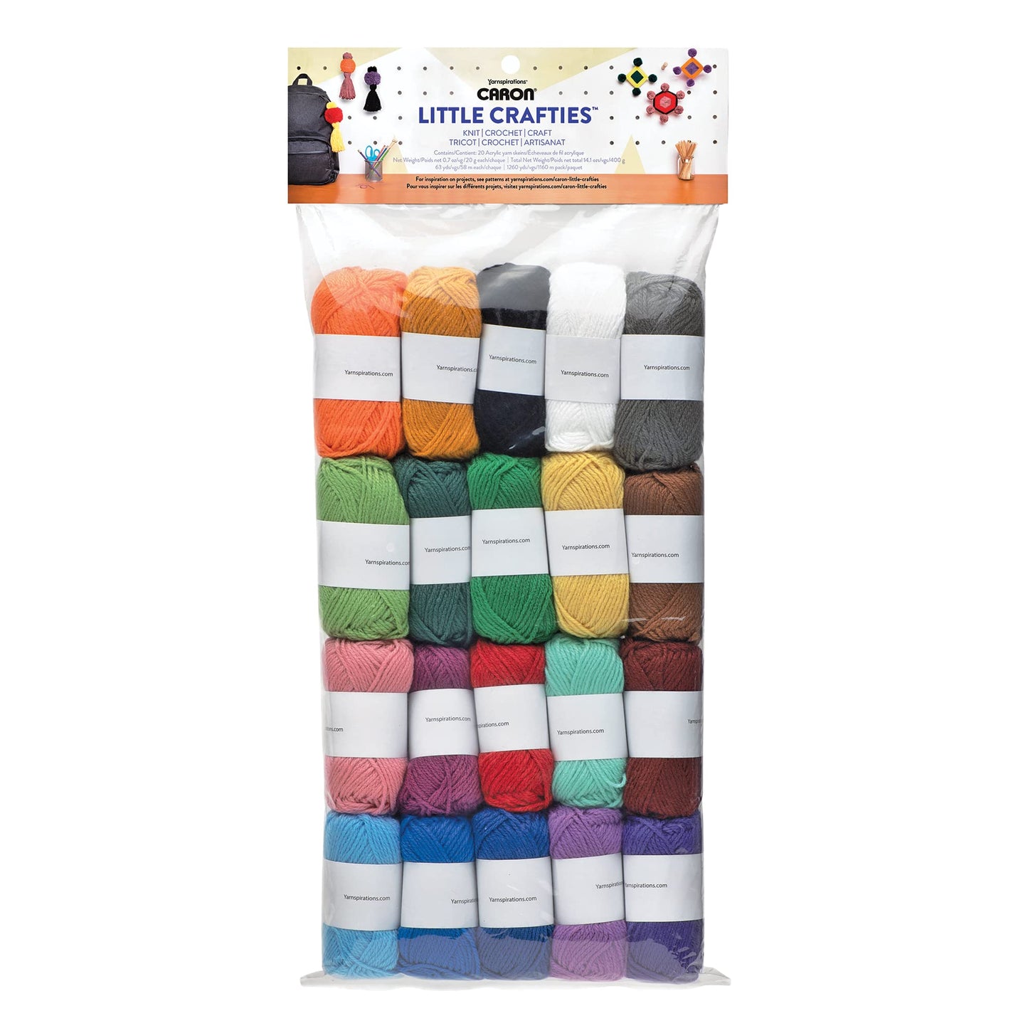 Caron Little Crafties Acrylic Mini Yarn Multipack 20 Count (Pack of 1) – Knitting, Crocheting & Art Projects – Machine Washable & Dryable – Durable Light Weight Yarn Kit