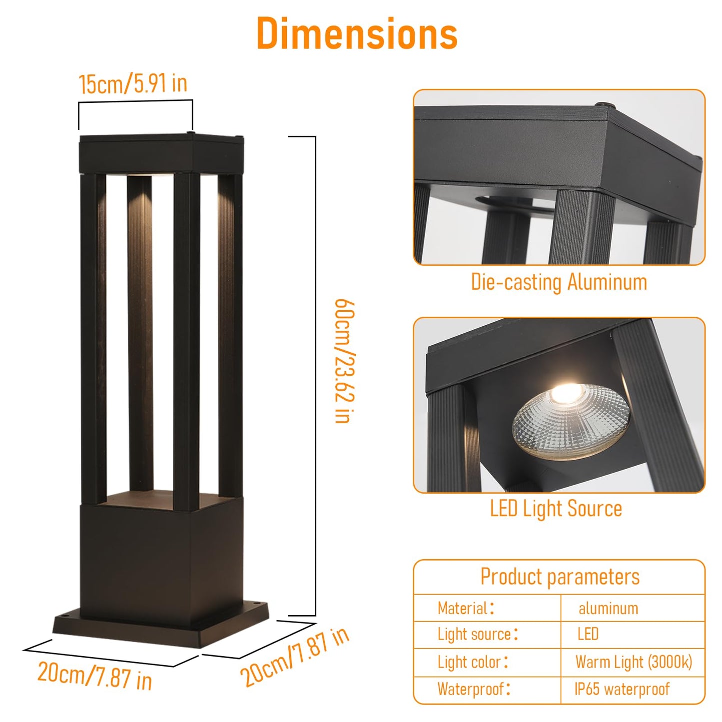 SLAWA Outdoor LED Post Light 23.62" Black Square Exterior Lawn Path Lights with 3000K Warm Light Aluminum Landscape IP65 Waterproof Lantern Column Lamp Patio Courtyard Walkway Garden Bollard Lighting