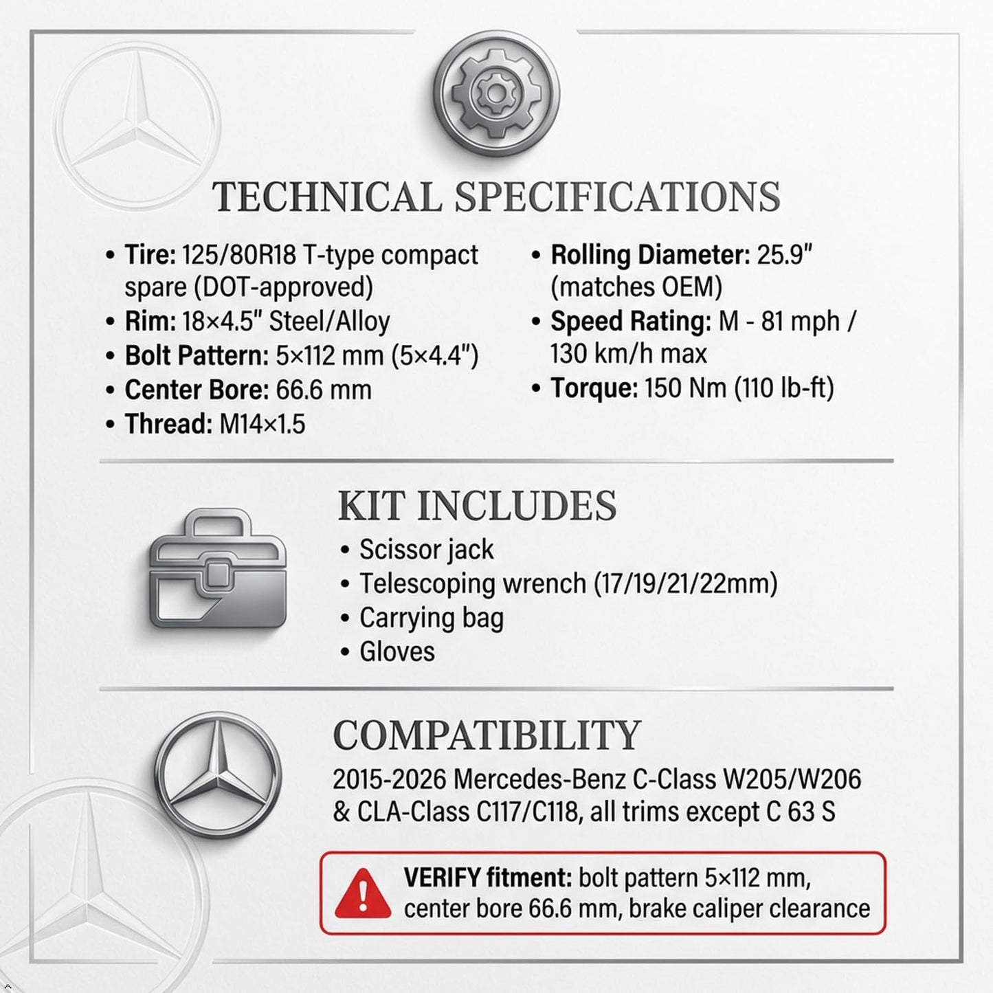 Spare Tire Kit Compatible with 2015-2026 Mercedes C‑Class & CLA‑Class (Except C63 S) | 125/80R18 Compact Spare Wheel with 18x4.5 Rim | Complete Roadside Kit Includes Jack, Lug Wrench & Storage Bag