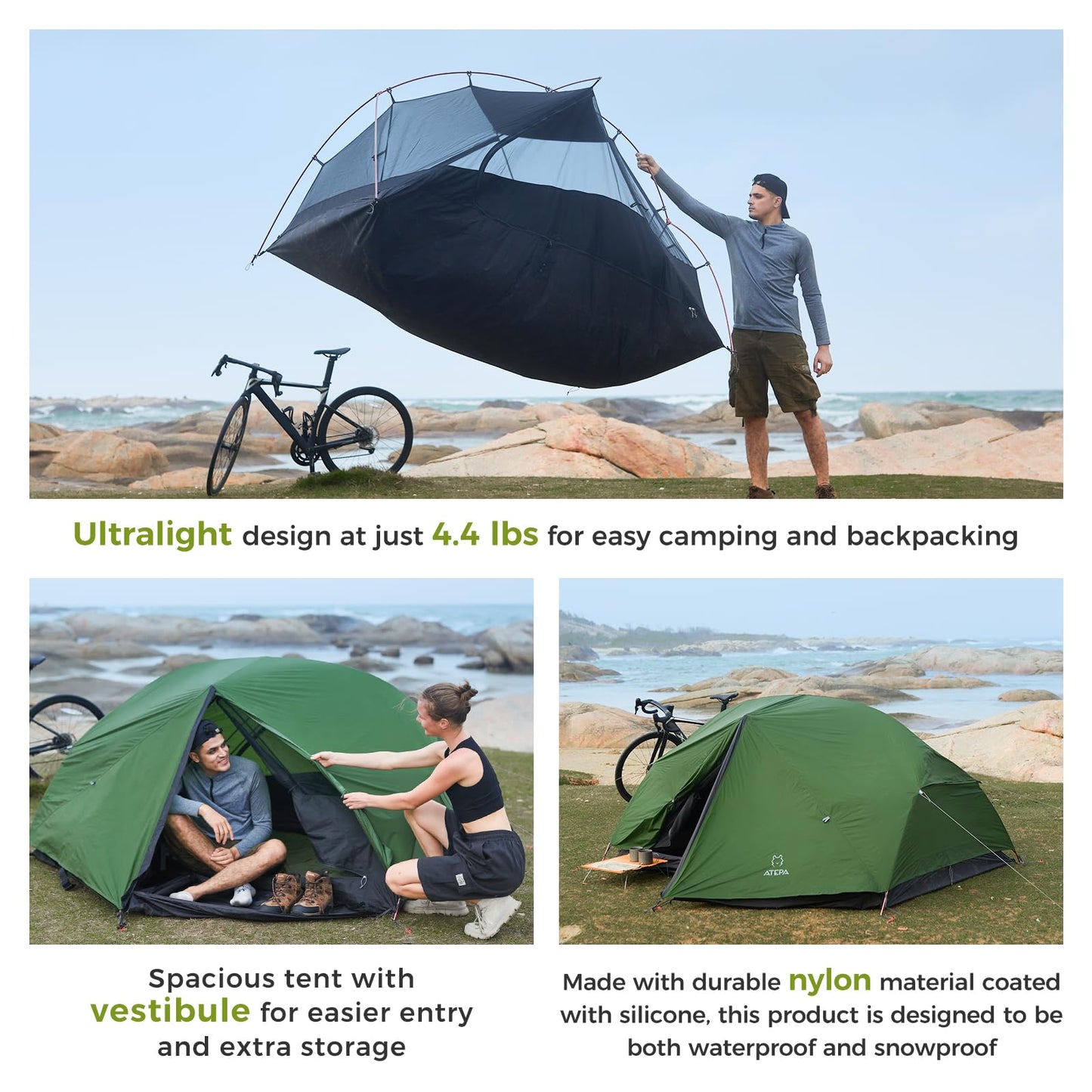 ATEPA Voyage 2 Person Backpacking Tent, 4 Season Camping Tent Two Person, 4000mm Waterproof 20D Nylon Rainfly & Aluminum Frame for Backpacking Hiking Outdoor Car Camping Motorcycle Cycling, Green