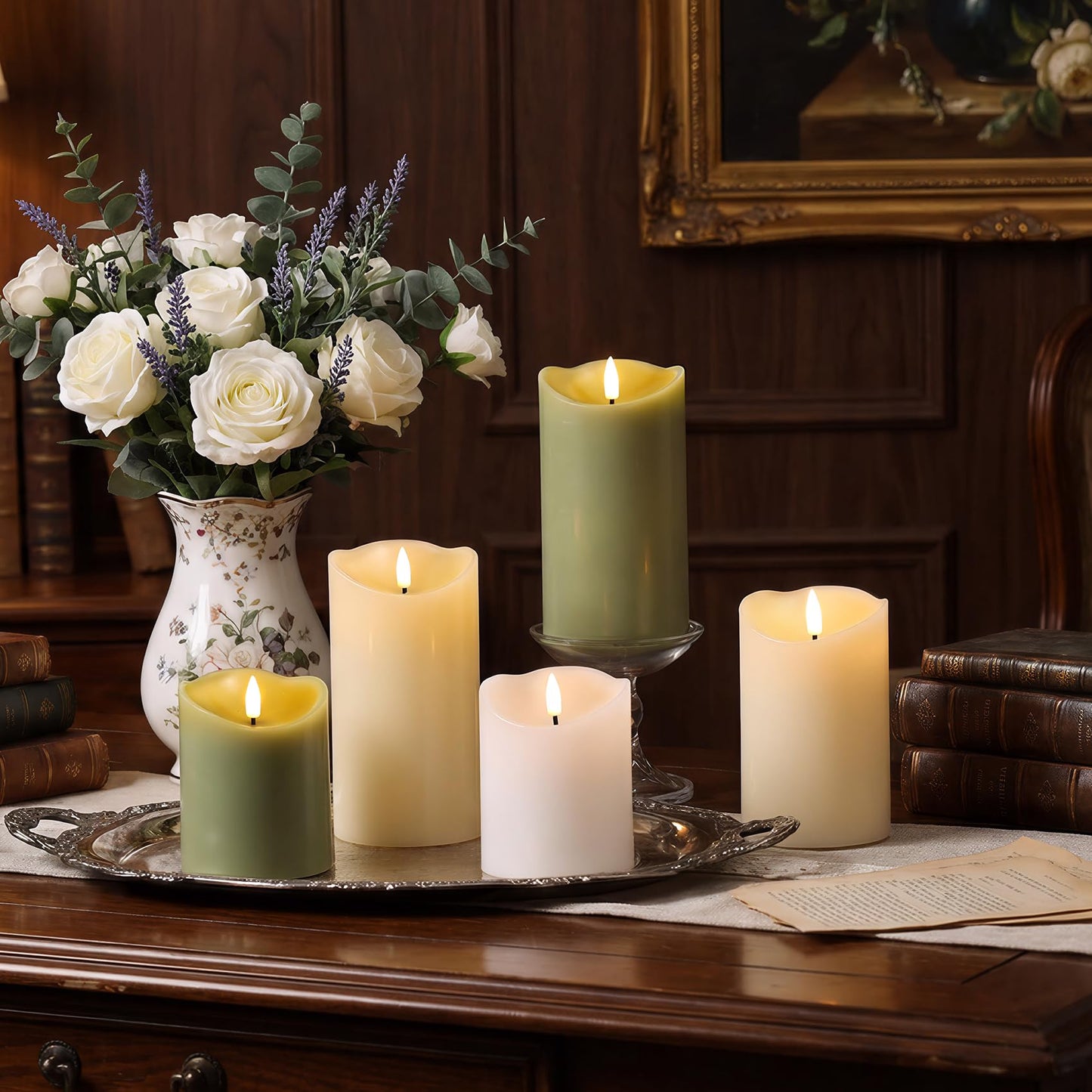 Eywamage Sage Green Flameless Pillar Candles with Remote, Flickering LED Wax Candles Battery Operated Spring Home Decor Set of 3