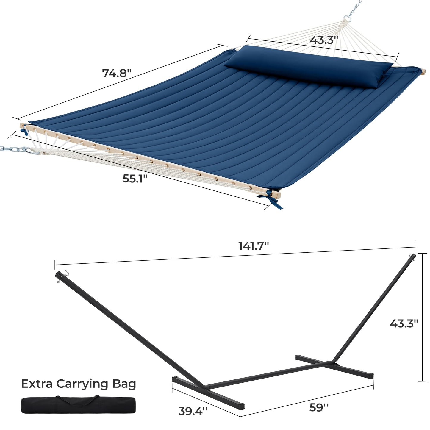 SUPERJARE 12ft Double Hammock with Stand, Rope Hammock for 2 Person, Detachable Hammock Bed and Pillow, Portable, Anti-Tip Safety Ropes, Carry Bag, Outdoor Backyard Patio Camping, Navy Blue