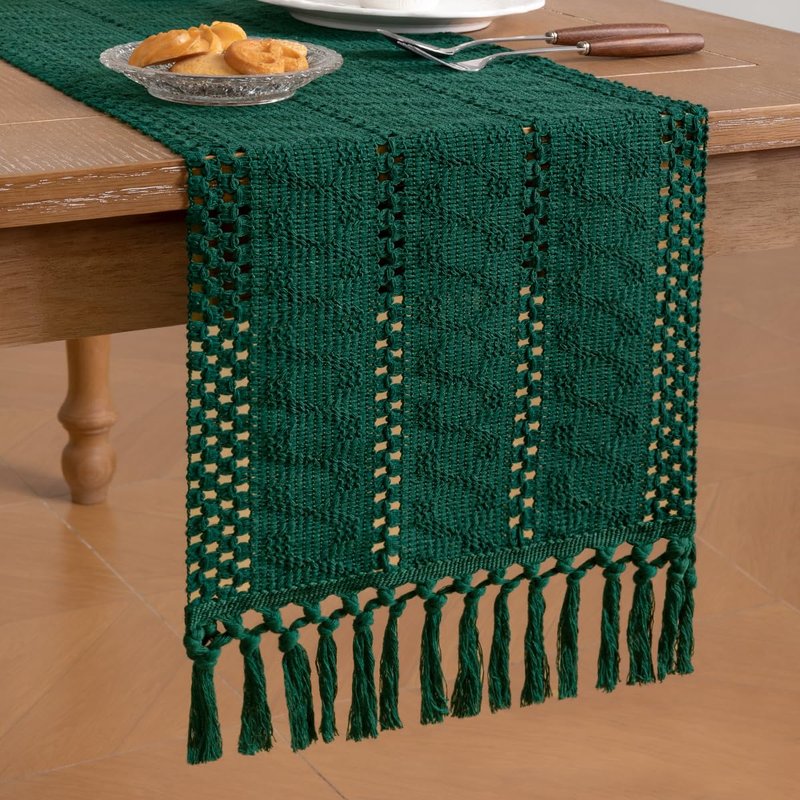 Socomi Boho Table Runner Macrame Easter Spring Farmhouse Woven Cotton Linen Rustic Coffee Table Runner with Tassels for Dresser Scarf Home Decor Dining Room 12x90 inch Emerald Green