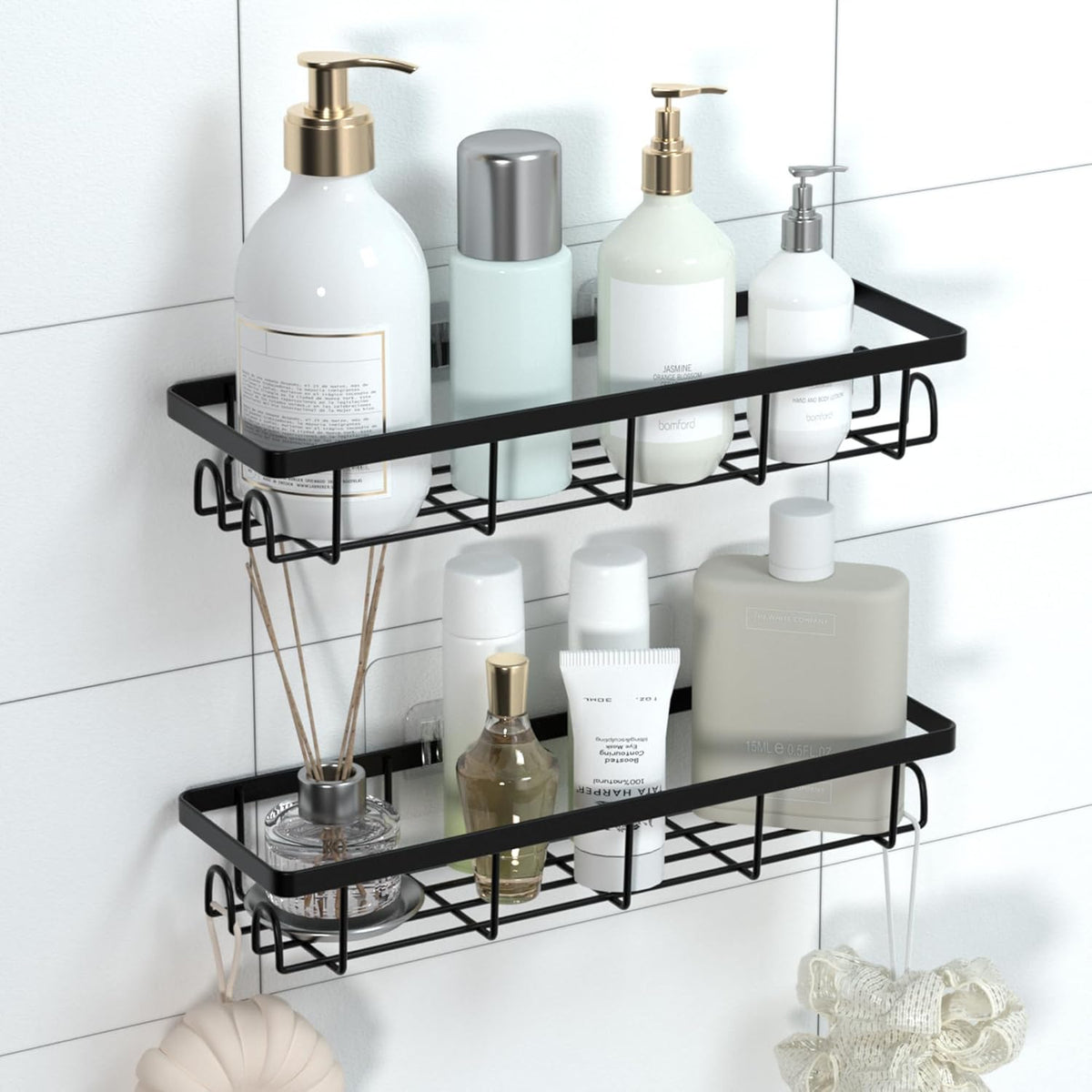 Shower Caddy Organizer - Self-Adhesive Bathroom Shelves with Hooks | No Drilling, 2-Pack Black