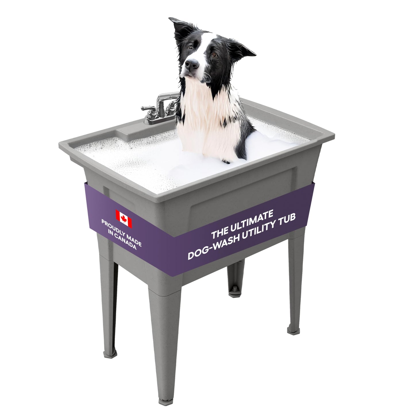 Freestanding Utility Sink with Pull-Out Faucet – 32" with Steel Legs – Multipurpose for Pet Washing & More, Indoor and Outdoor Use – by Noah William Home – Grey (26 gal)