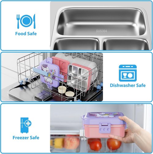 Freshmage Stainless Steel Bento Box - Large Capacity, Leakproof & BPA-Free | 3 Compartments, Pink