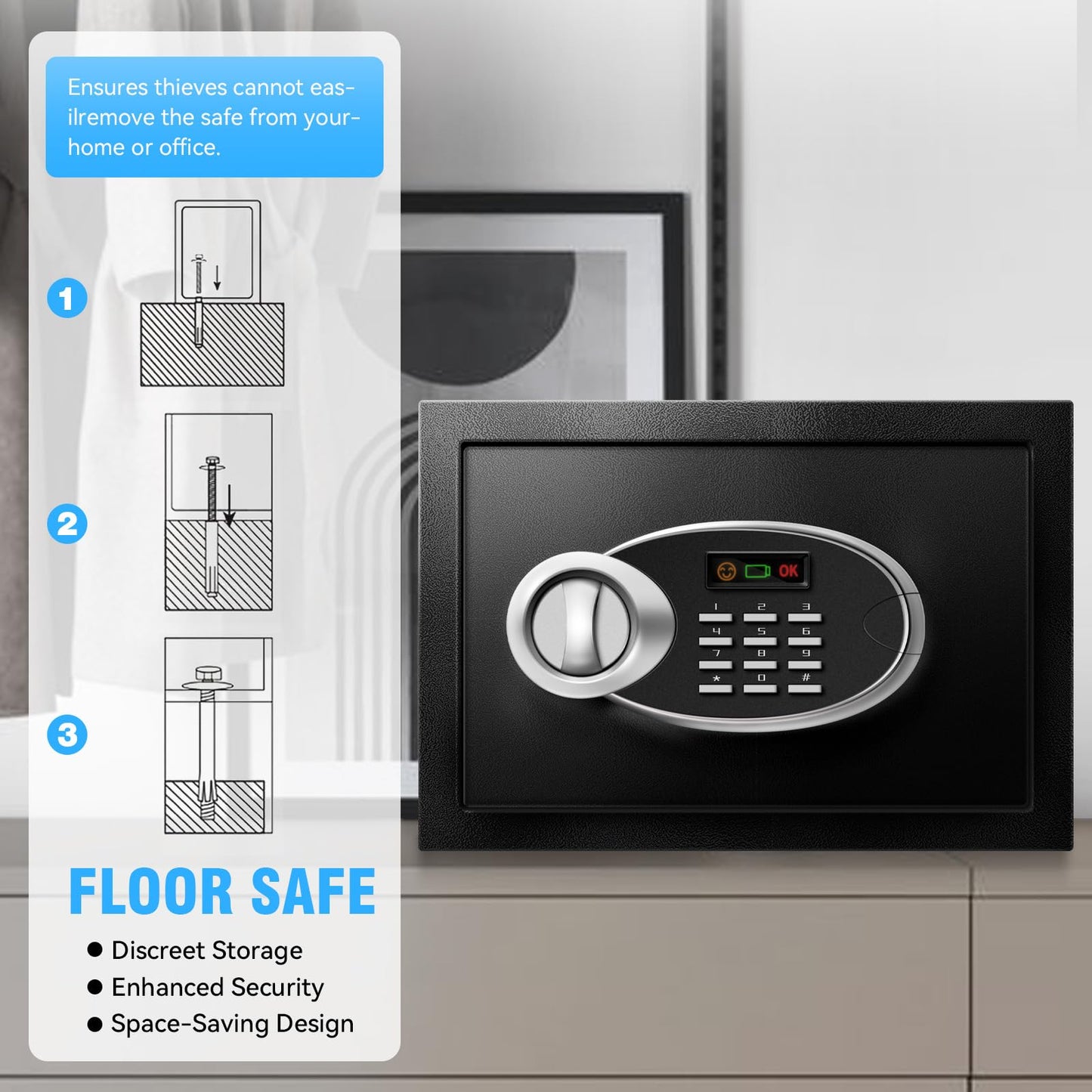 11.81" Tall Safe Box with Fireproof Waterproof for Documents - Steel Security Personal Safe with Digital Electronic Keypad, Emergency Battery Box & Combination Lock, Safety Box for Valuables Money