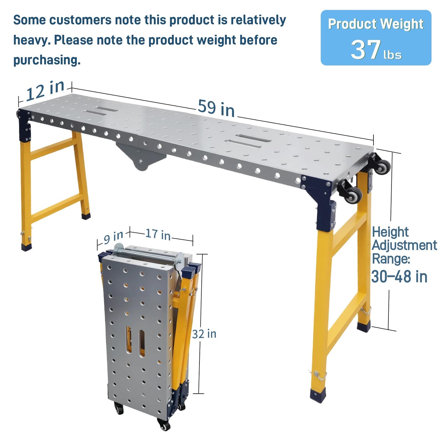 Villertech Folding Scaffolding Platform 1100 Lbs Height Adjustable Anti Slip Steel Step Ladder Stool with Galvanized Coating Anti-Slip Feet for Construction Car Washing Roof Snow Removal(59" Wide)