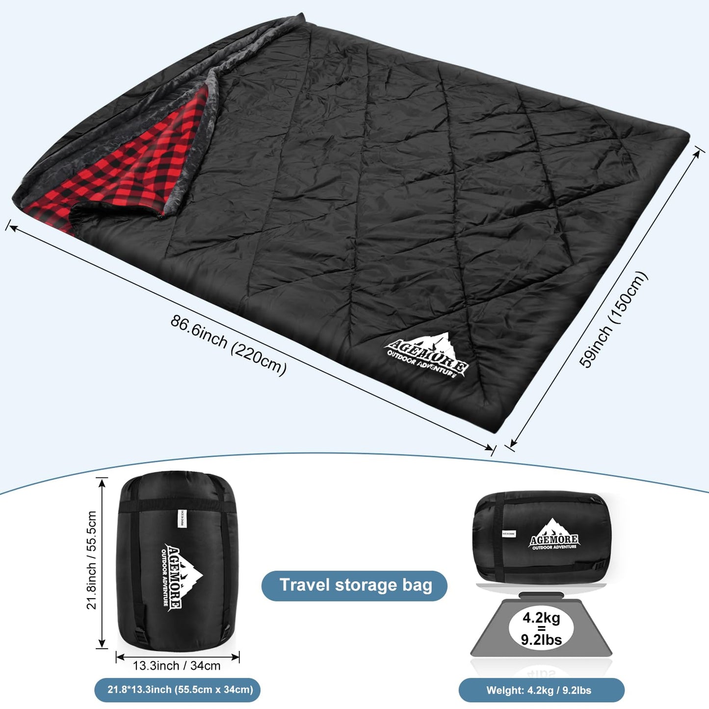 AGEMORE Cotton Flannel Double Sleeping Bag with Fleece Lined Hood, Waterproof Queen Size 2 Person Sleeping Bag for Adults Cold Weather Camping Backpacking or Hiking, 3-4season