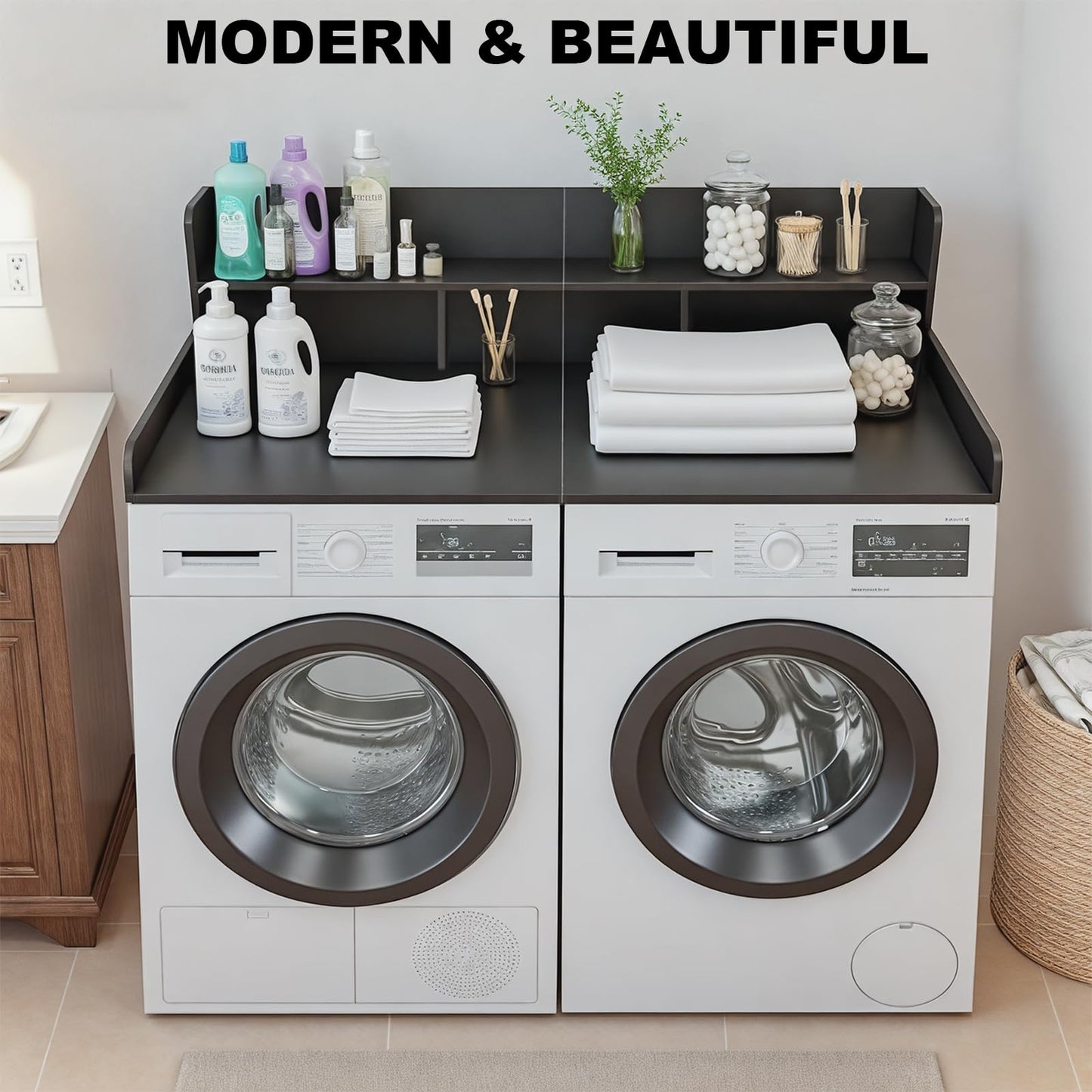 HMAZAE Washer Dryer Countertop with Shelf, 2-Tier Laundry Countertop Over Washer and Dryer, 54" x 27.55" Wooden Table for Folding Clothes for Laundry Room Organization and Storage (Black)