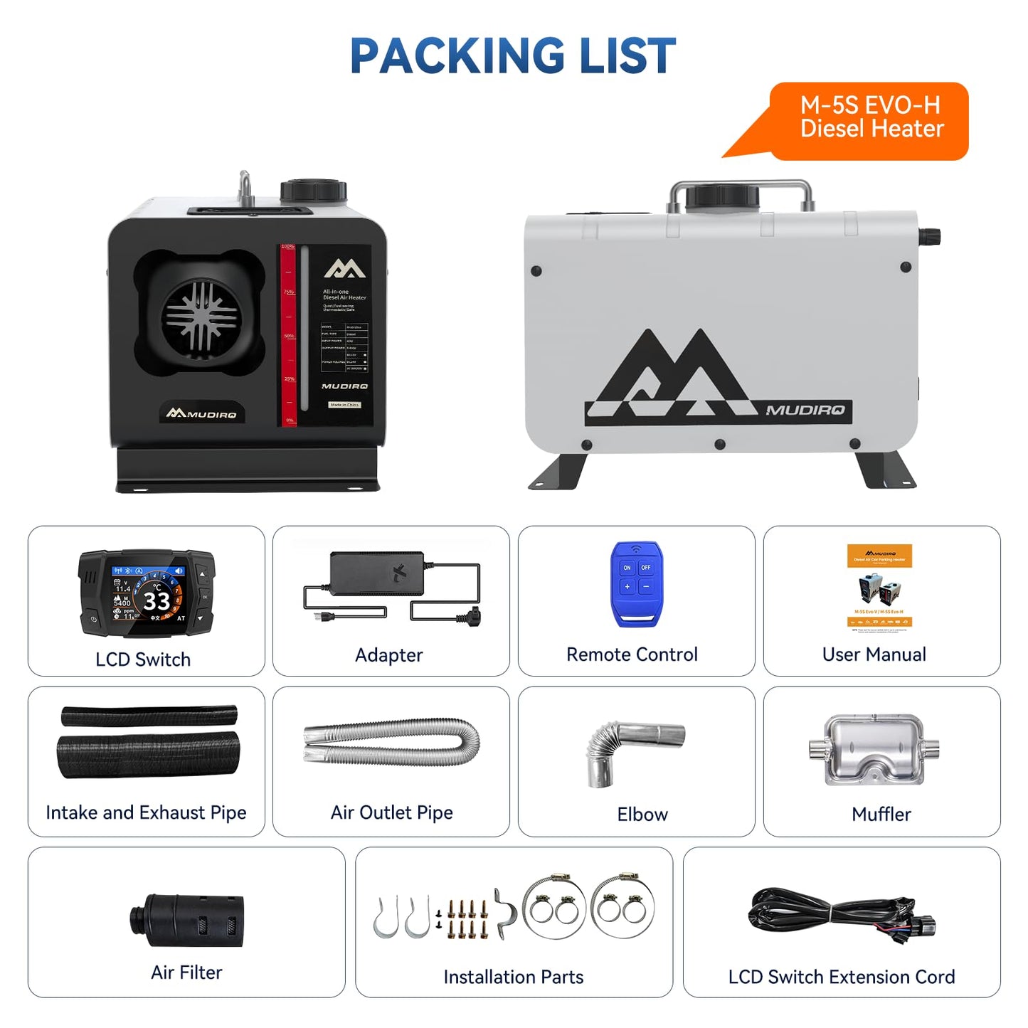 MUDIRO Diesel Heater 12V/24V/110V 8KW with CO Protection (Auto Shut-off & Alarm), Thermostat, Remote, TFT Display, Auto Altitude Adjustment, Chinese Diesel Heater for Camping, RV, Tent