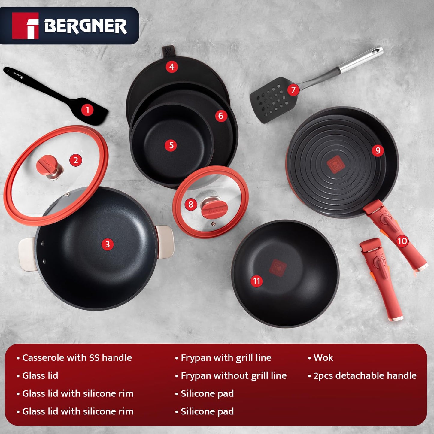 Bergner 11-Piece Non-Stick Cookware Set with Detachable Handles - Stackable Die-Cast Aluminum Pots and Pans Set, Induction & Oven Safe, Space-Saving Kitchen Set, Red