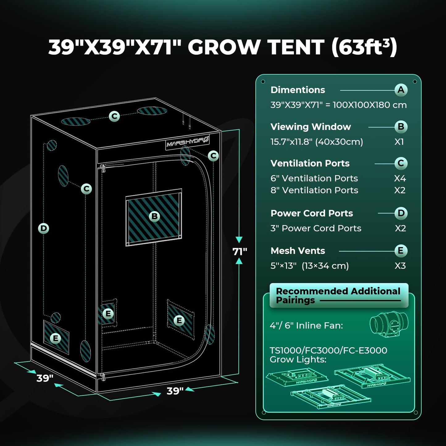 MARS HYDRO 3.3x3.3 Advanced Grow Tent, 39"x39"x71" High Reflective Mylar 1680D for Hydroponics Indoor Plant Growing, with Observation Window,Floor Tray and Smooth Zipper for TS1000/FC3000/FC-E3000
