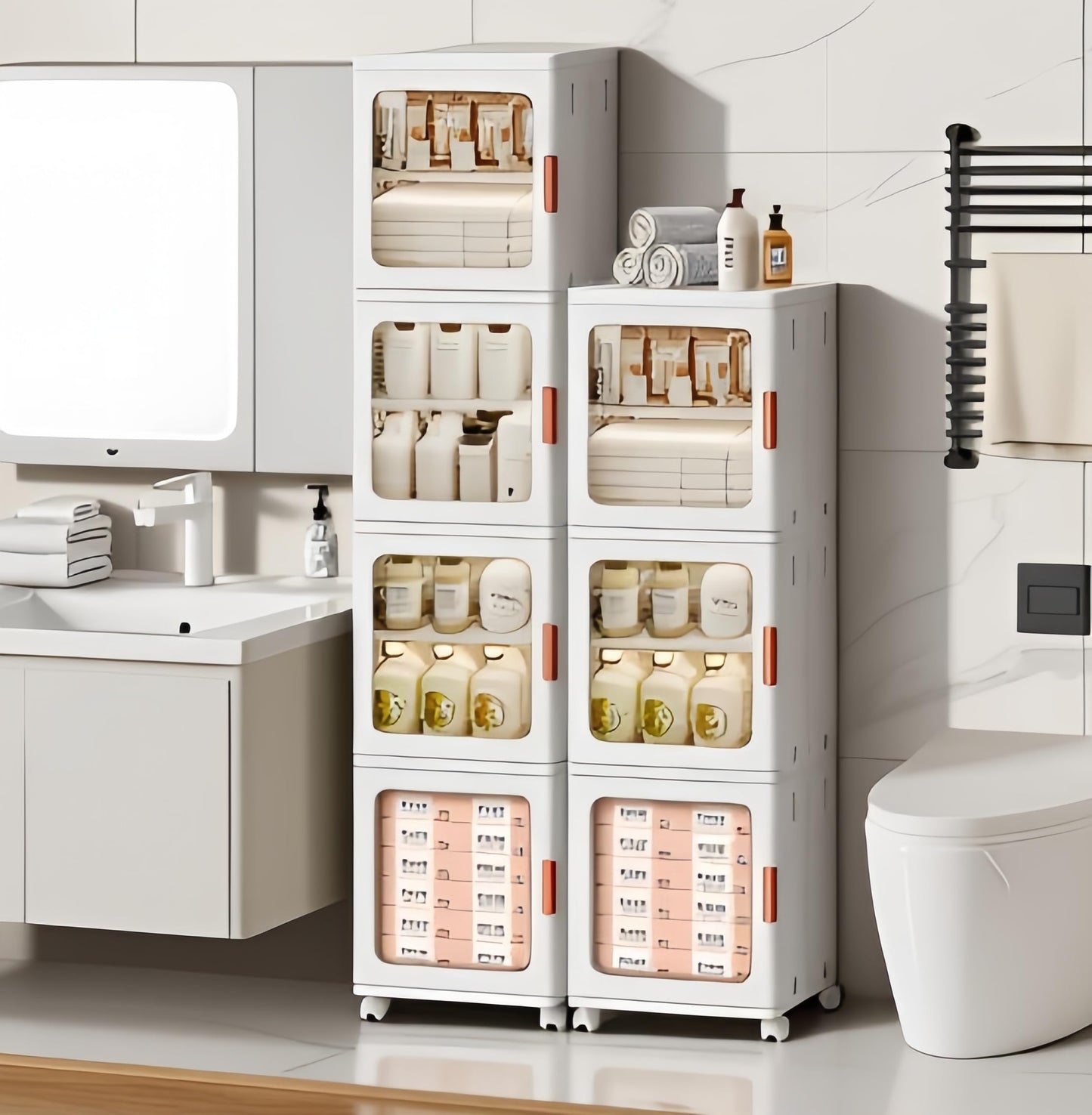 KINDLYF 4-Tier Narrow Storage Cabinet Foldable Plastic Bathroom Organizers with Magnetic Doors & Adjustable Shelves, Slim Storage for Small Spaces Pantry Kitchen Laundry Room Quick Assembly, White