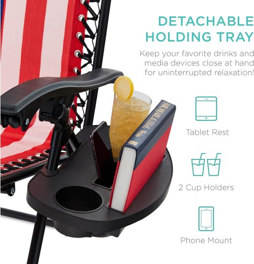 Best Choice Products Adjustable Steel Mesh Zero Gravity Lounge Chairs - Set of 2 with Pillows & Cup Holders | American Flag Design