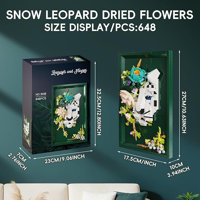 Leopard & Flowers Photo Frame Building Block Set 3D Wall Decor Puzzle Toy for Adults Creative Floral Animal Ornament.Ideal Gift Toy for Adults & Teens.