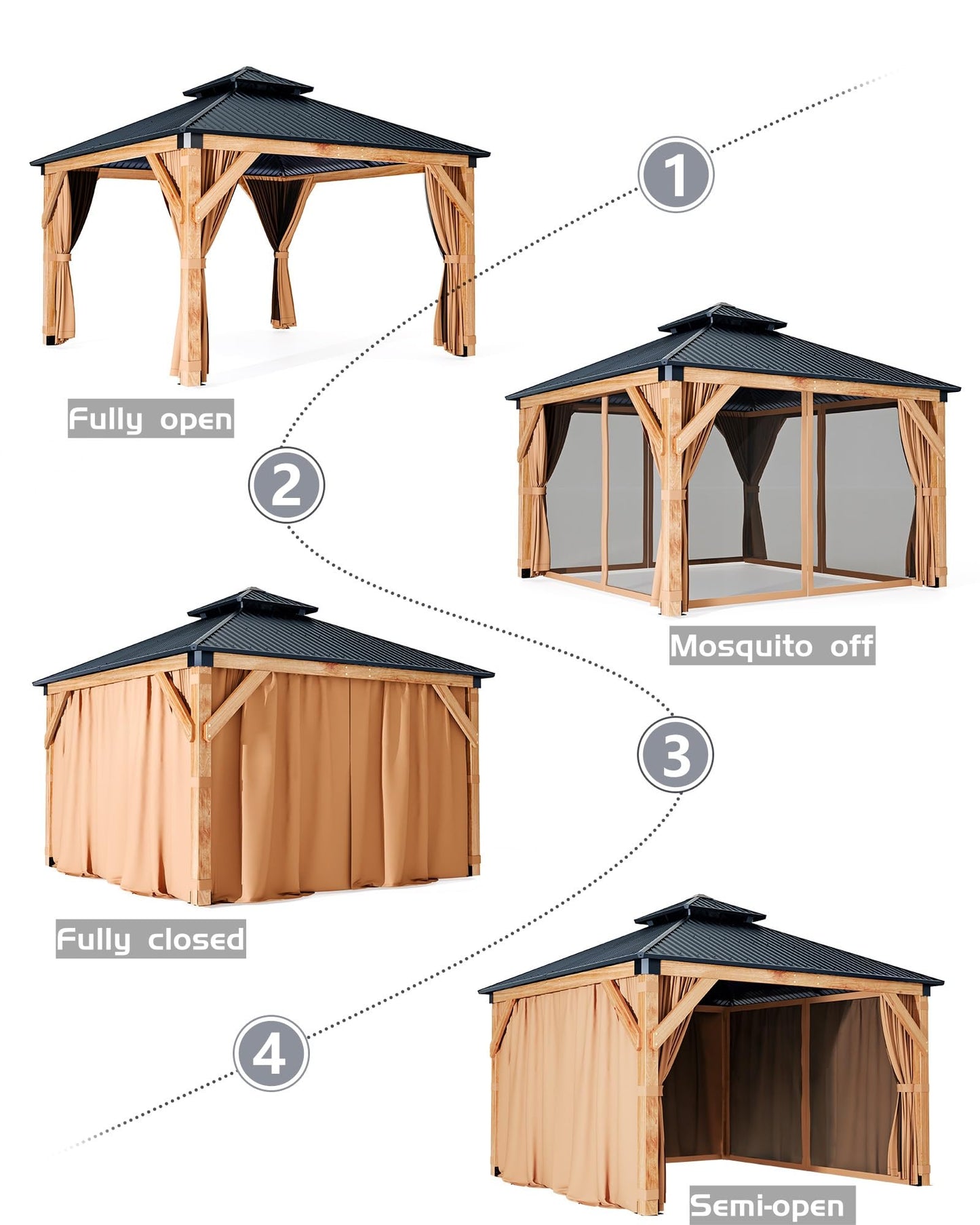 GarveeLife Hard top Wood Gazebo 10 ft x10 ft for All Weather, with Double Metal Roof, Heavy Duty Wooden Frame, Net, and Curtain, Permanent Building for Patio, Deck, Backyard, Lawn, and Garden, Khaki