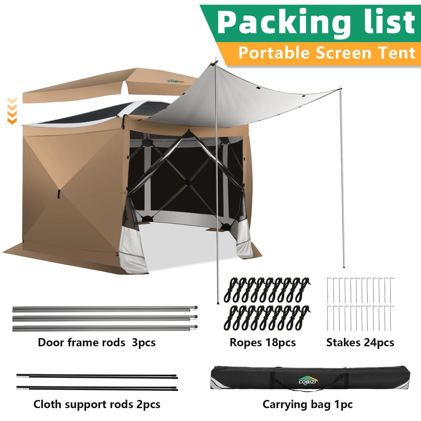 COBIZI 12x12FT Pop Up Gazebo Screen Tent Screen House for Camping, Camping Outdoor Screened Gazebo with Sidewalls, Hub Tent Instant Screened Canopy with Carrying Bag and Ground Stakes, Khaki(Upgraded)