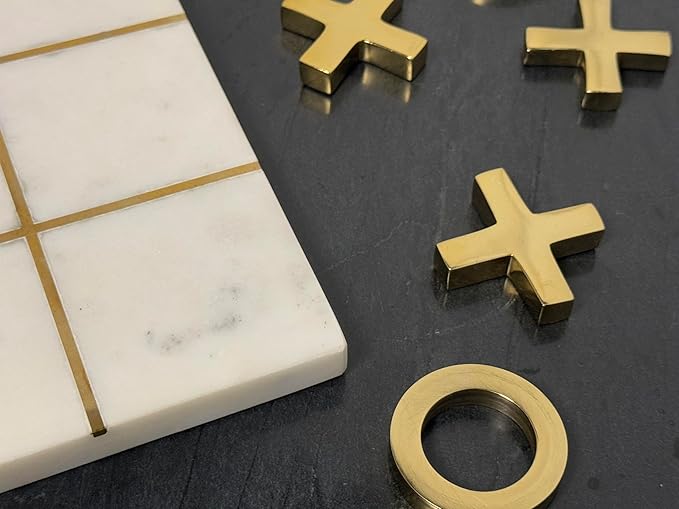 Marble Tic Tac Toe Game 8x8 Premium Handcrafted Natural Marble Board Game Modern Coffee Table and Home Decor Perfect for Living Room Unique Gift Decorative Board Game Set White and Gold XO