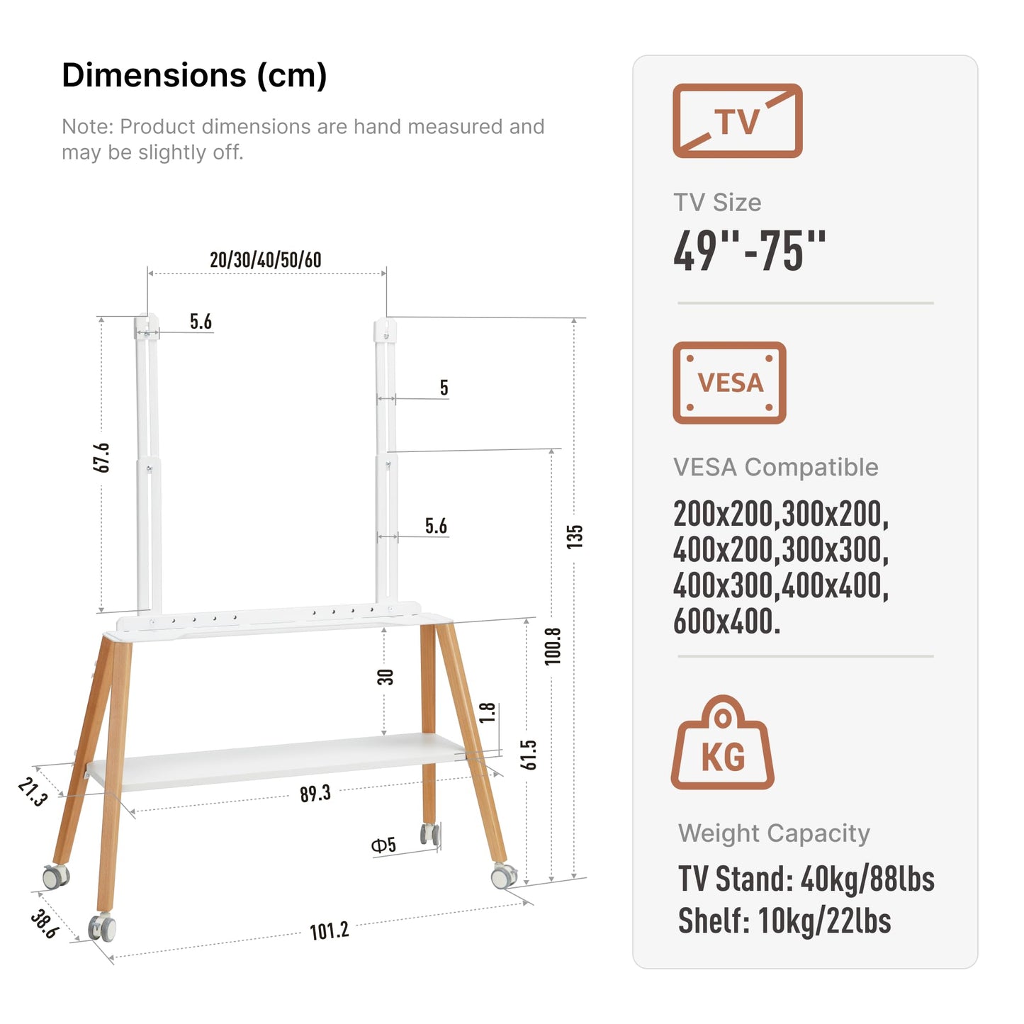 ECOTINY Rolling Easel TV Stand for 49–75 Inch TVs, Mobile TV Cart with Lockable Wheels, Cable Management, Metal Support Frame, Wooden Legs and Shelf, for Home, Office and Classroom, White
