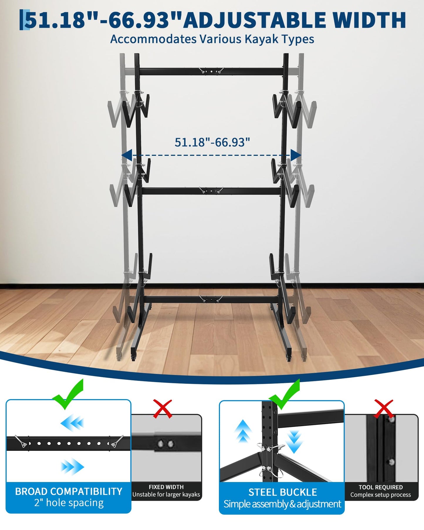 ActiveTrail Freestanding Kayak Storage Rack for 6 Kayaks with Wheels, Heavy-Duty Steel Outdoor Kayak, Canoe & SUP Rack with Hanging Straps for Garage, Dock & Backyard