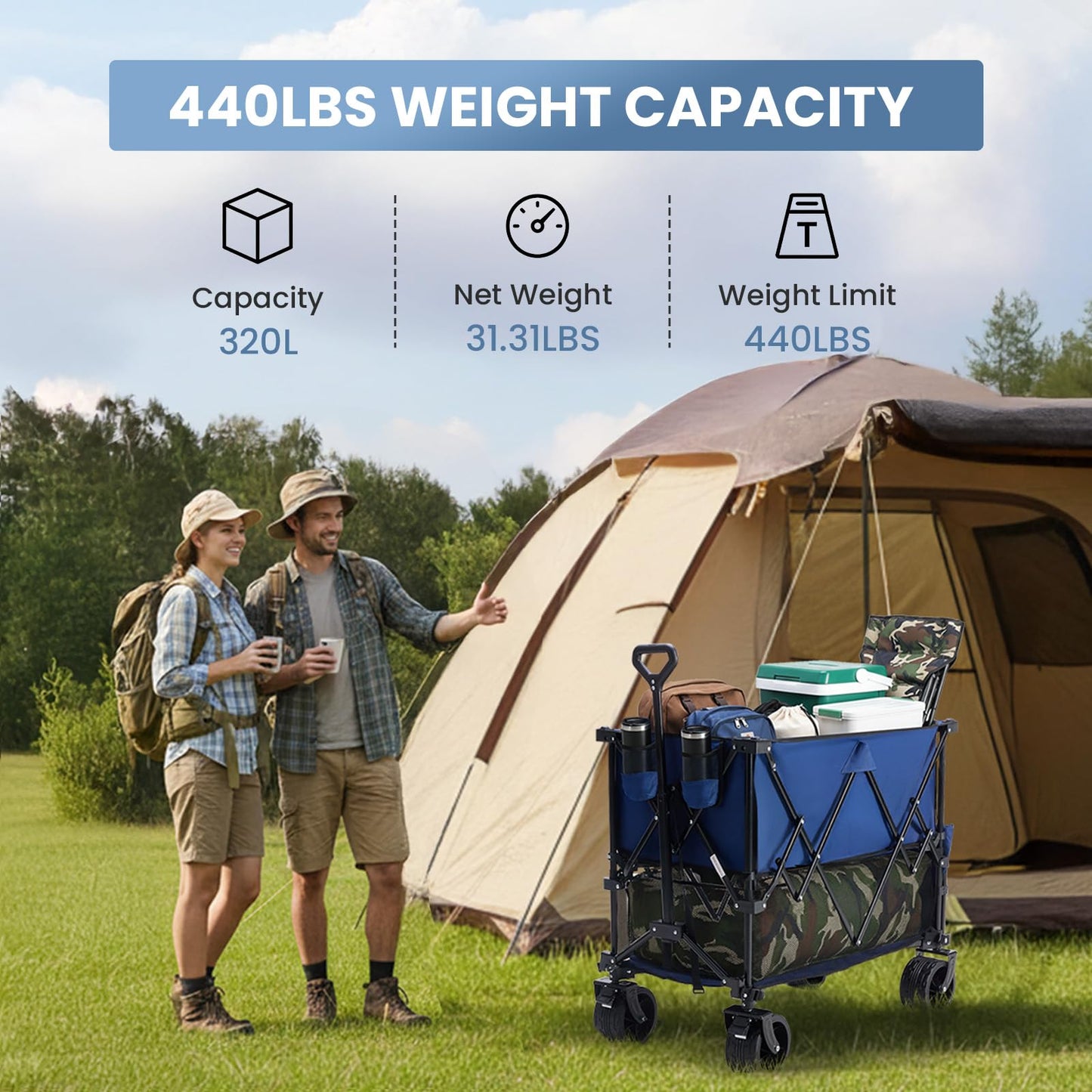 DUMOS 440LBS Heavy Duty Double Decker Wagon Cart with Extender, 400L Large Capacity Collapsible Folding Wagons with Brakes, Adjust Handle, All-Terrain Big Wheels for Garden Shopping Camping - Blue