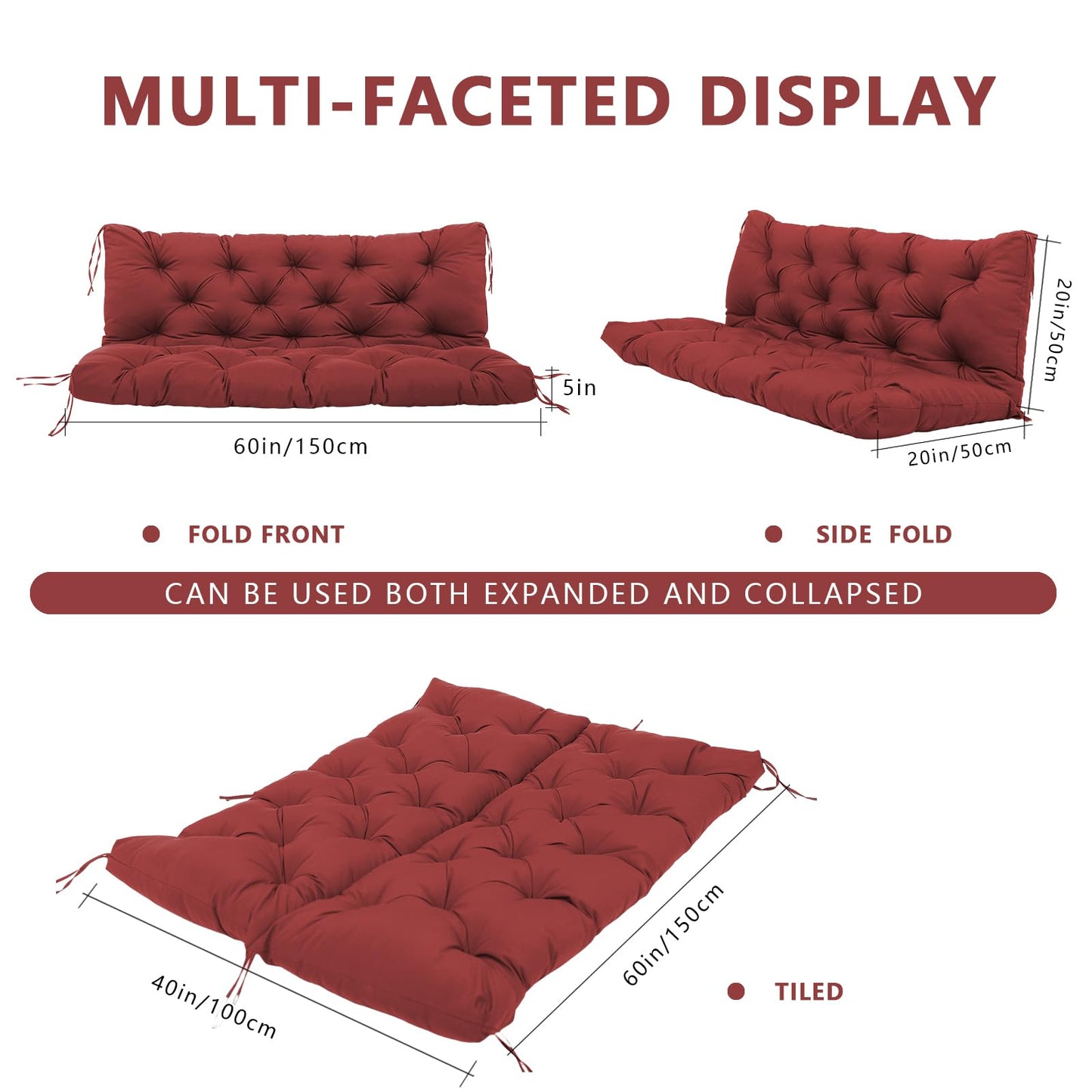 KGOSAUO Durable Extra 5" Thick Waterproof Porch Swing Cushions Outdoor 60 inch Fade-Resistant Swing Bench Cushions 3 Seater Replacement with Backrest for Outdoor Patio Backyard Furniture(Wine Red)