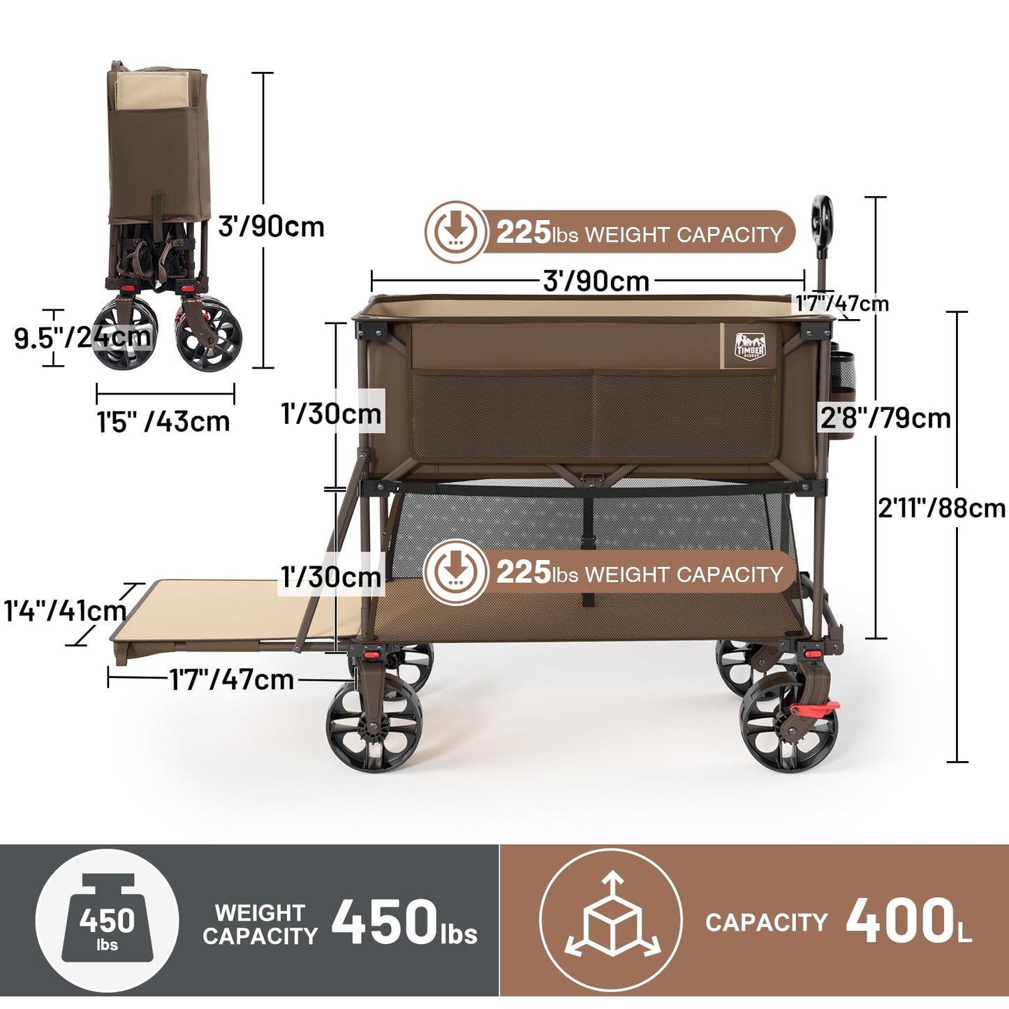TIMBER RIDGE 400L Large Capacity Folding Double Decker Wagon with Brakes, 54" Extra Long Extender Wagon Cart, 450lbs Heavy Duty Collapsible Cart, All-Terrain Big Wheels for Camping, Sports, Shopping
