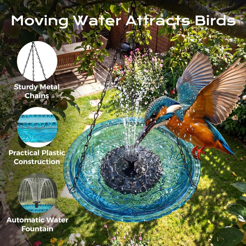Solar Cascade Bird Bath Fountain - New 2026 Hanging Water Feature for Garden & Patio | Blue