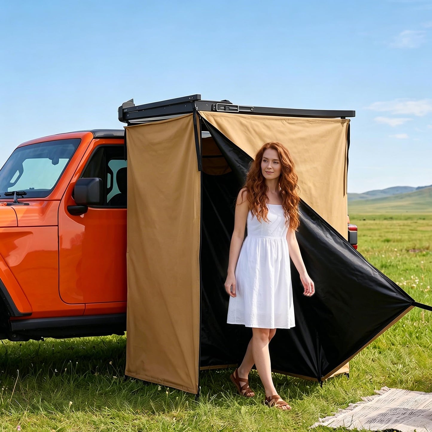 5.6FT x 3.3FT Portable Shower Awning Tent for Vehicle Side Use, 420D Waterproof Outdoor Bathroom with Dry-Wet Separation, Multi-Function Camping Shower Room & Privacy Shelter for SUV, Truck, Overlan