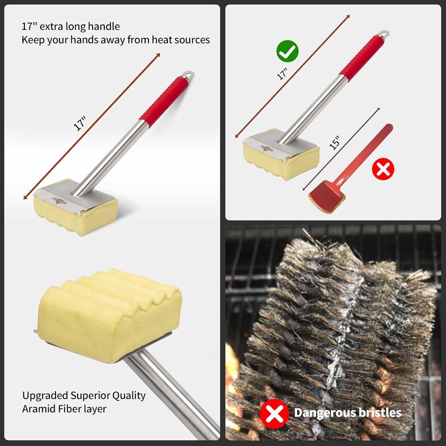 XUDAKAIXIN Grill Brush - Bristle-Free Aramid Fiber Pad for Cast Iron & Stainless Steel Grates | Safe Outdoor BBQ Cleaner