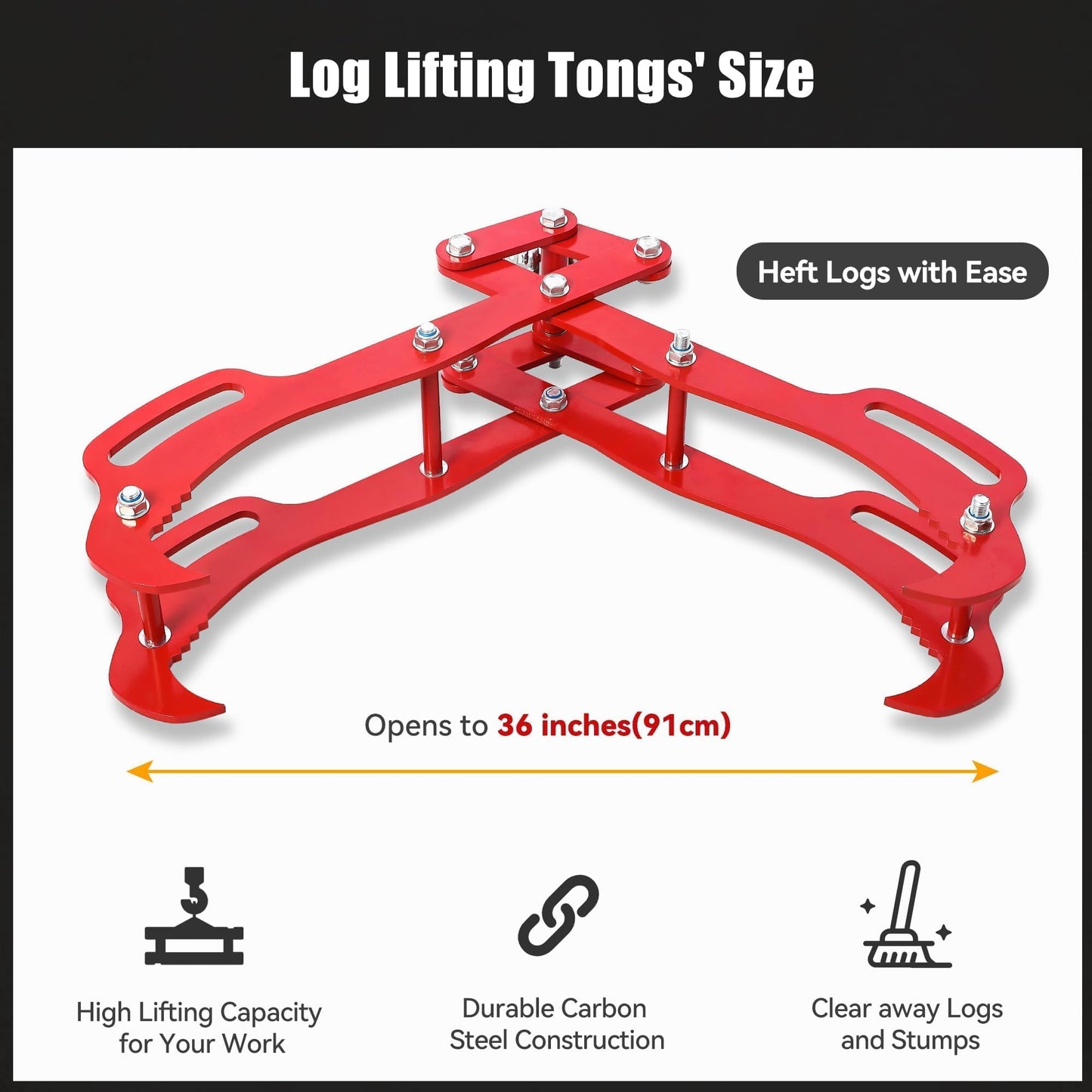GarveeHome 36 in Logging Tongs with 4 Claws, Log Grapple Hook for Timber and Firewood, 360 Degree Swivel, Heavy Steel Log Grabber for Tractor, Skidder, Material Handling, 3000 LB Capacity, Red