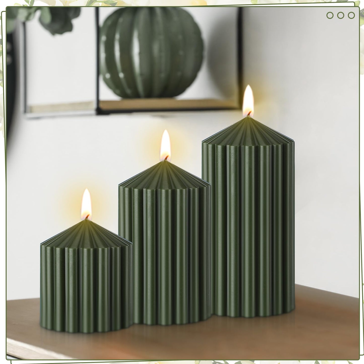 Conelist Set of 3 Moss Green Ribbed Pillar Candles Soy Wax Scented Ribbed Candles Includes 2.8, 4.2 and 5.1 Inches Heights Decorative Romantic Wedding Decoration for Couple Home Birthday Gift