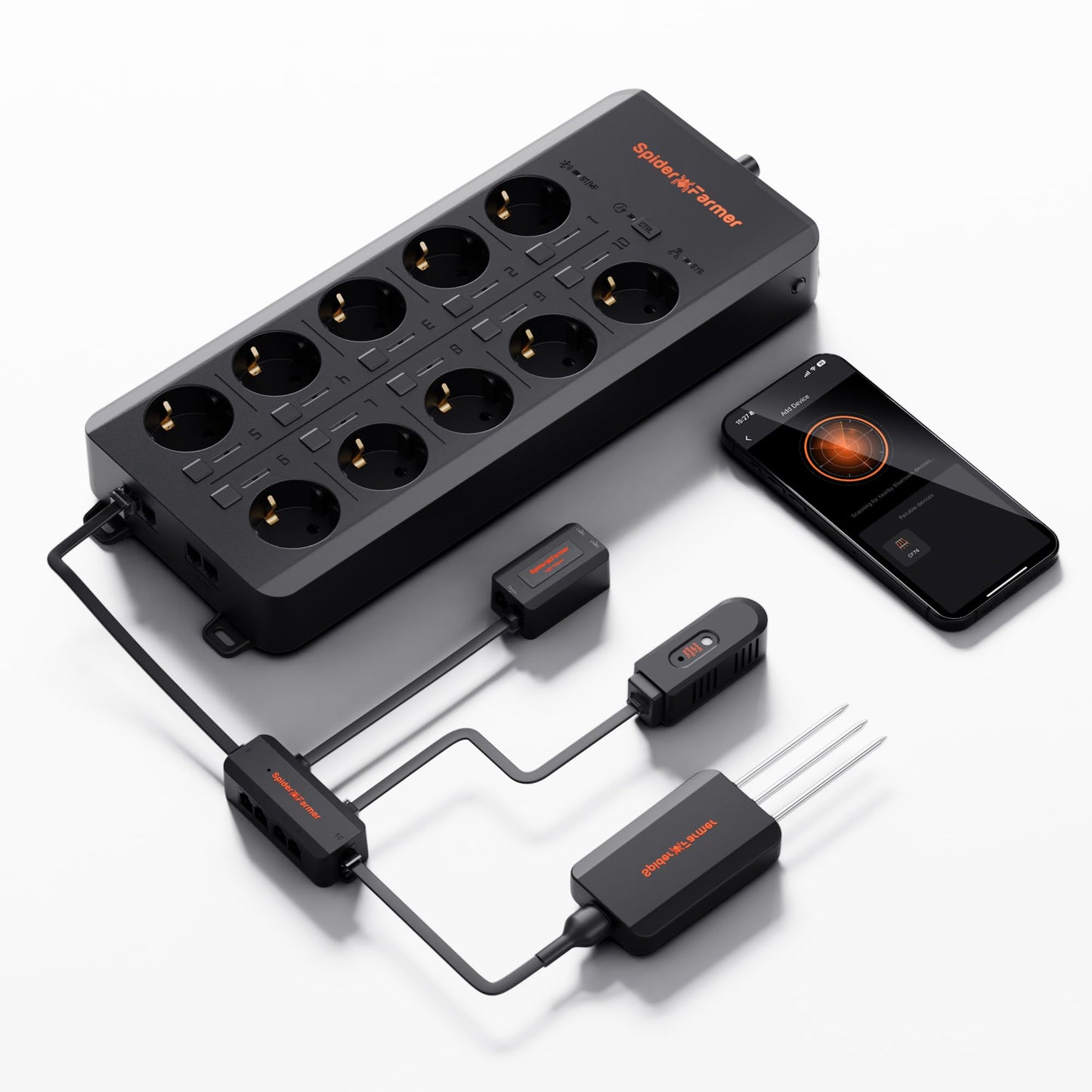 Spider Farmer GGS AC10 Power Strip Kits, 10 AC APP-Based Controls Outlets, 3 in 1 Soil Sensor, Temp Humid Light Sensor, for Indoor Grow Tent Plants Room