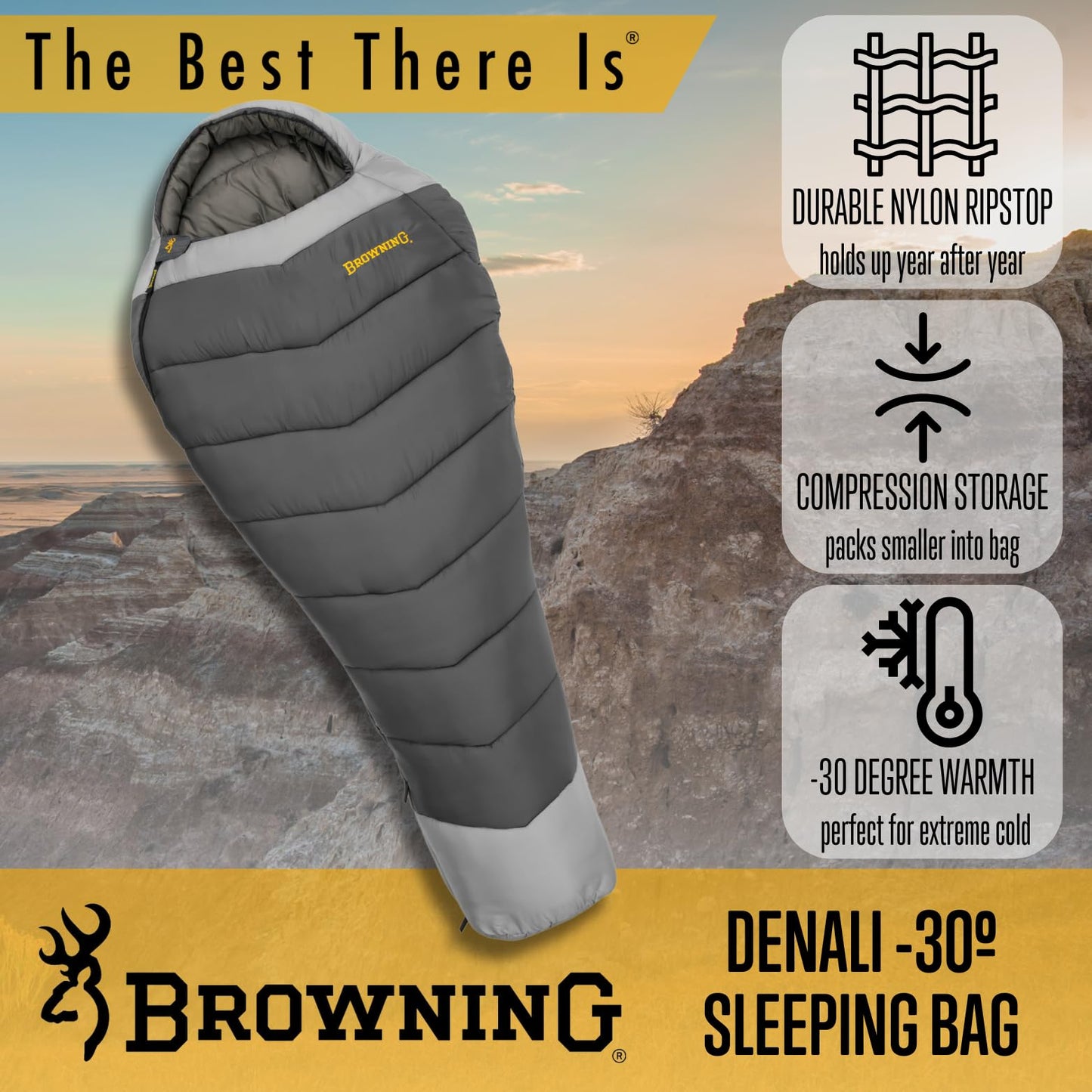 Browning Camping Denali -30° Mummy Sleeping Bag, Charcoal/Gray