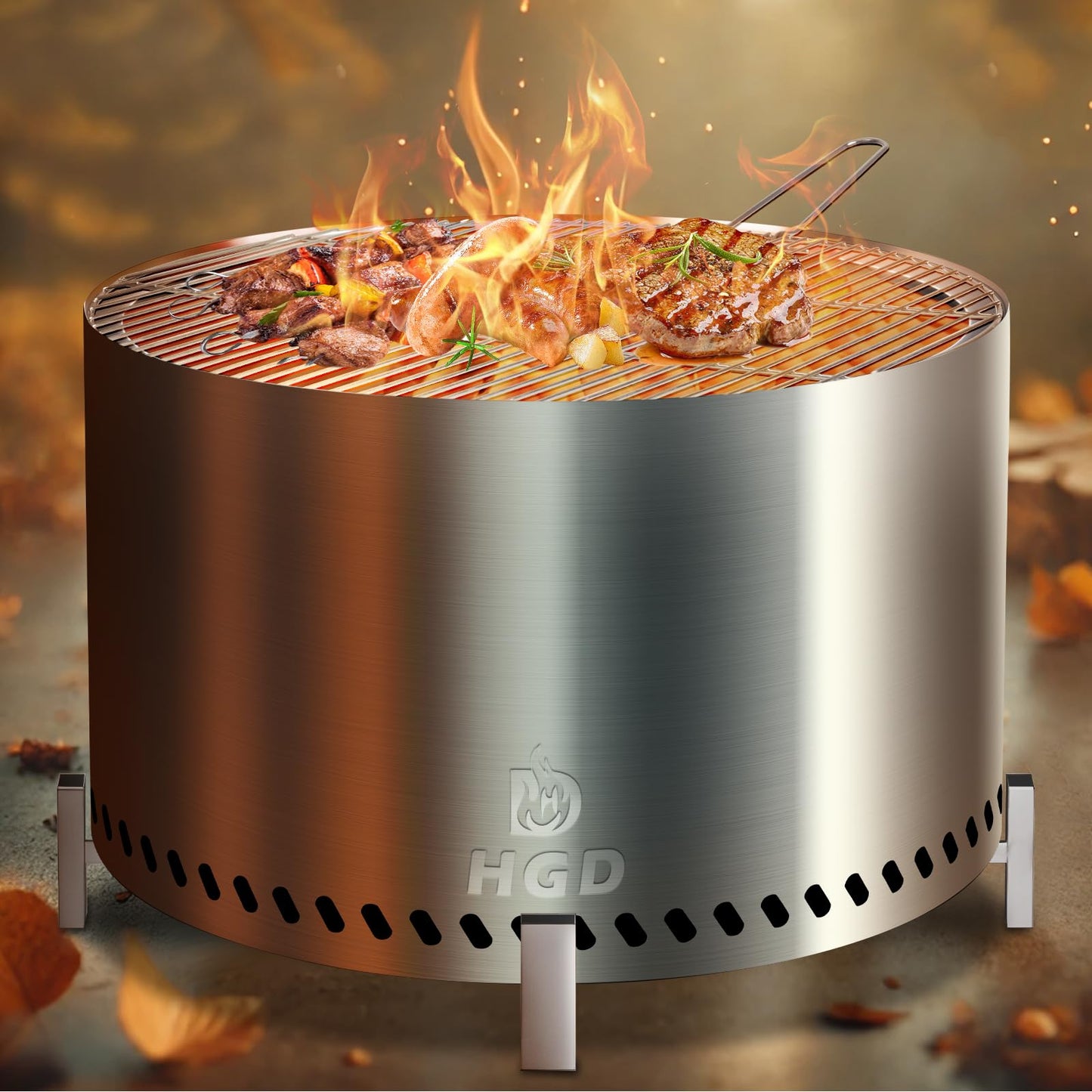 HGD 28" Smokeless Firepit with Stand & Grill Rack, Large Stainless Steel Wood Burning Fire Pit for Friends & Family Gatherings, Secondary Combustion Outdoor Patio Stove for BBQ & Bonfire