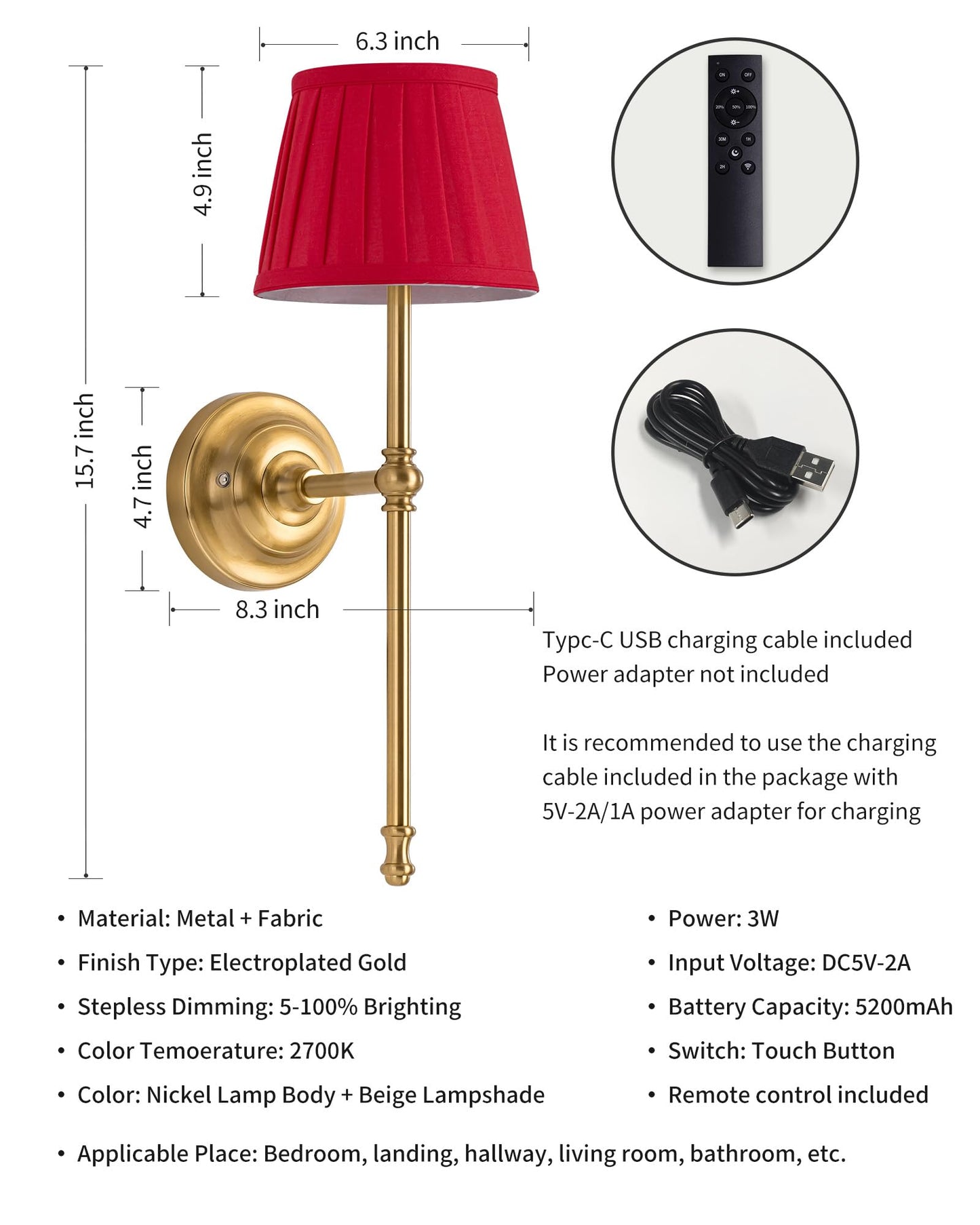 KDG Cordless Wall Sconces Set of 2, Small Wireless 5200mAh Rechargeable Battery Fabric LED Wall Lamps, Portables Lightings for Wall Painting, Living Room, Bedroom, Hallway, Gifts, Night Light (Red)