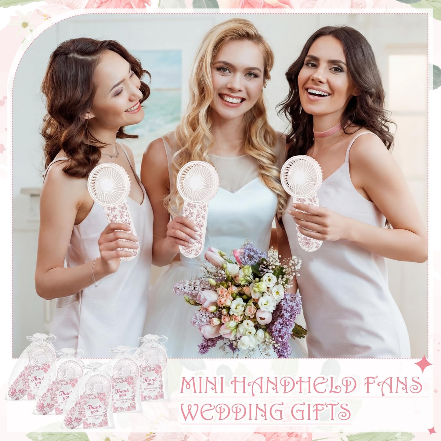 60 Set Portable Wedding Fans Bulk for Guests Mini Handheld Chinoiserie Floral Fan with Lanyard and Thank You Gifts Cards Battery Powered Fans Gift for Wedding Favors, Battery Not Include(Pink)