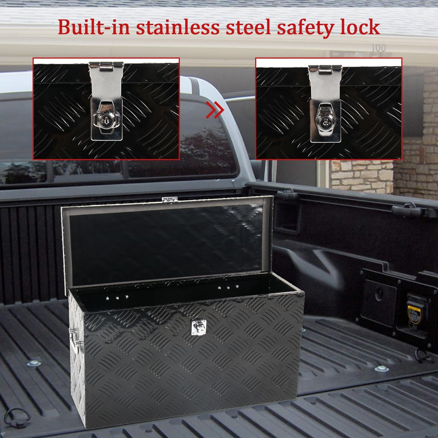 BIGREAT 24'' Inch Stripes Plated ATV UTV Aluminum Tool Box Truck Bed Toolbox Waterproof Square Storage Organizer with Lock and Keys Black(24" L x 9.5" W x 12.5" H)