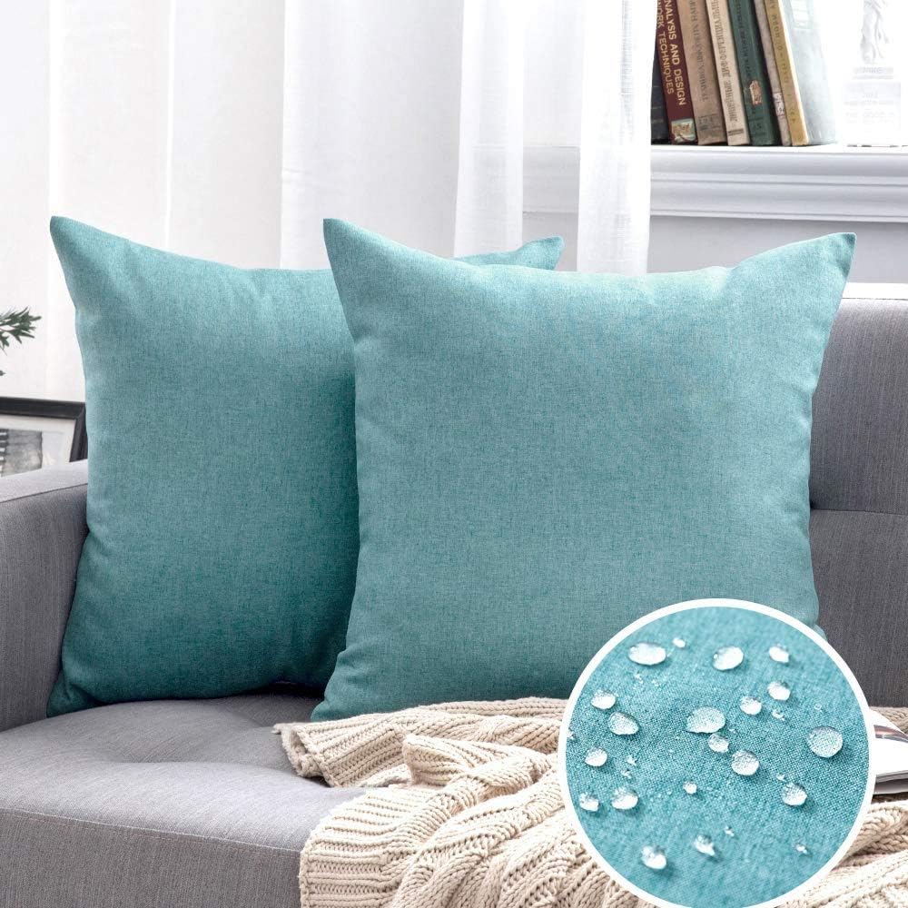 MIULEE Decorative Outdoor Throw Pillow Covers - Waterproof Faux Linen Cushion Cases | 16x16 Inch Turquoise, Set of 2