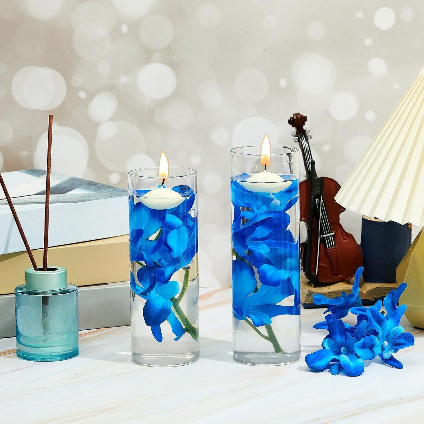 Hanaive 42 Pcs Blue Orchids Artificial Flower Vase Fillers for Floating Candles Wedding Table Centerpiece Blue Orchid and Unscented Floating Candles for Wedding Table Christmas Party Home Decoration