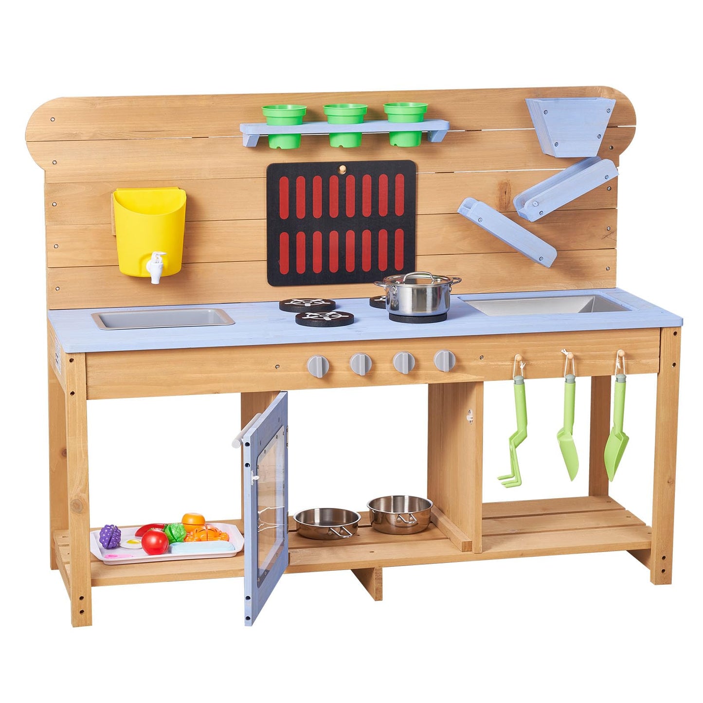 VEVOR Mud Kitchen, Outdoor Mud Kitchen for Kids, Wood Outdoor Play Kitchens with Stoves, Hooks, Double Sinks, Planting Shovels, Spatulas, Cookware Pots and Accessories, Play with Water and Sand