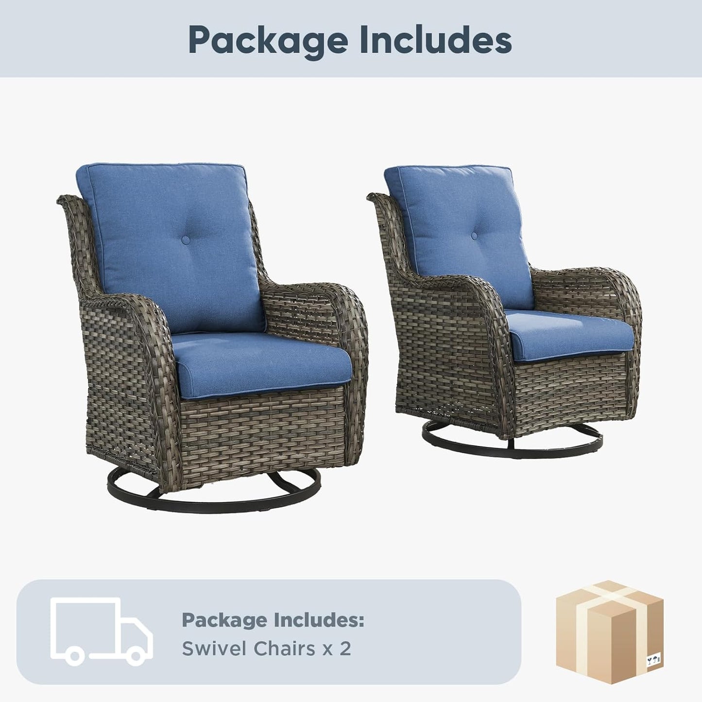 Belord Outdoor Swivel Chairs - Set of 2 All-Weather Wicker Rockers for Patio & Deck - Gray/Blue