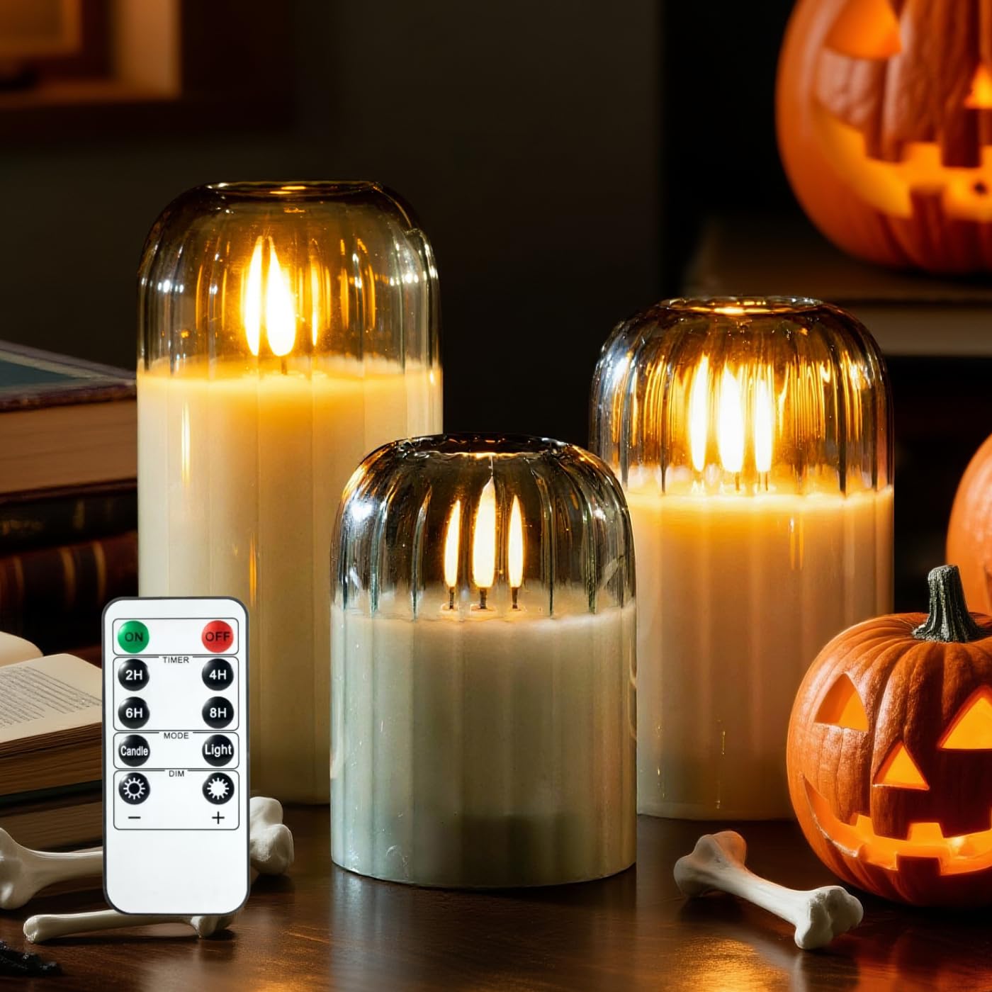Ribbed Glass Battery Candles - FLameless Candles with Remote, Sage Green LED Candles with Timer, Warm Light, Lasting 350 Hrs and Brightness Adjustment, Φ 3" H 4" 5" 6", Set of 3 for Christmas Decor